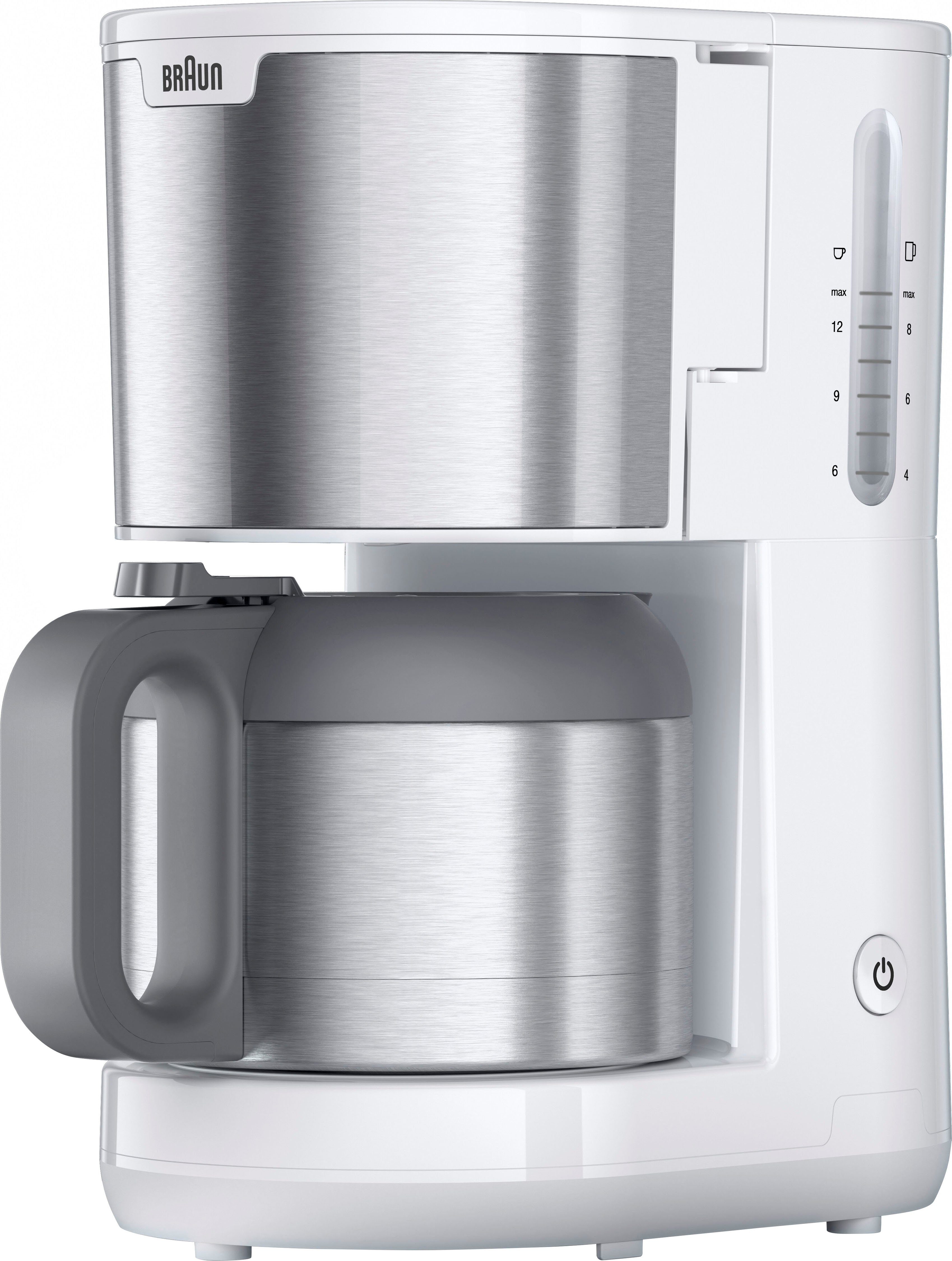 Braun Filterkaffeemaschine PurShine KF1505 WH mit Thermokanne, 1,2l Kaffeekanne, Papierfilter, 1000W, automatische Abschaltung, herausnehmbarer Filterkorb, Edelstahl