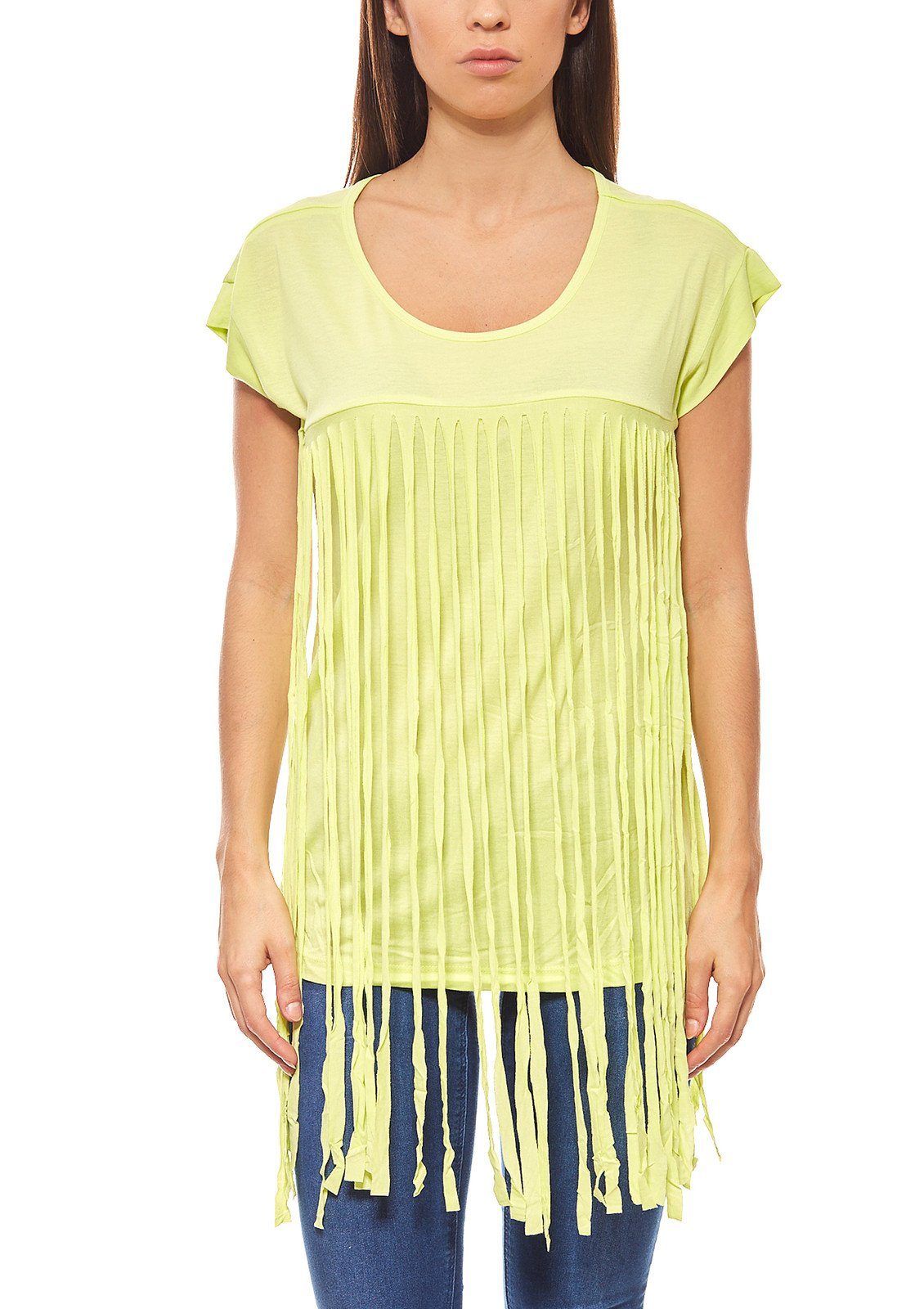 T-Shirt Freizeit-Shirt BAUR Fransen-Shirt Sommer Aniston Rundhalsshirt Loose Grün by Fit Damen Aniston