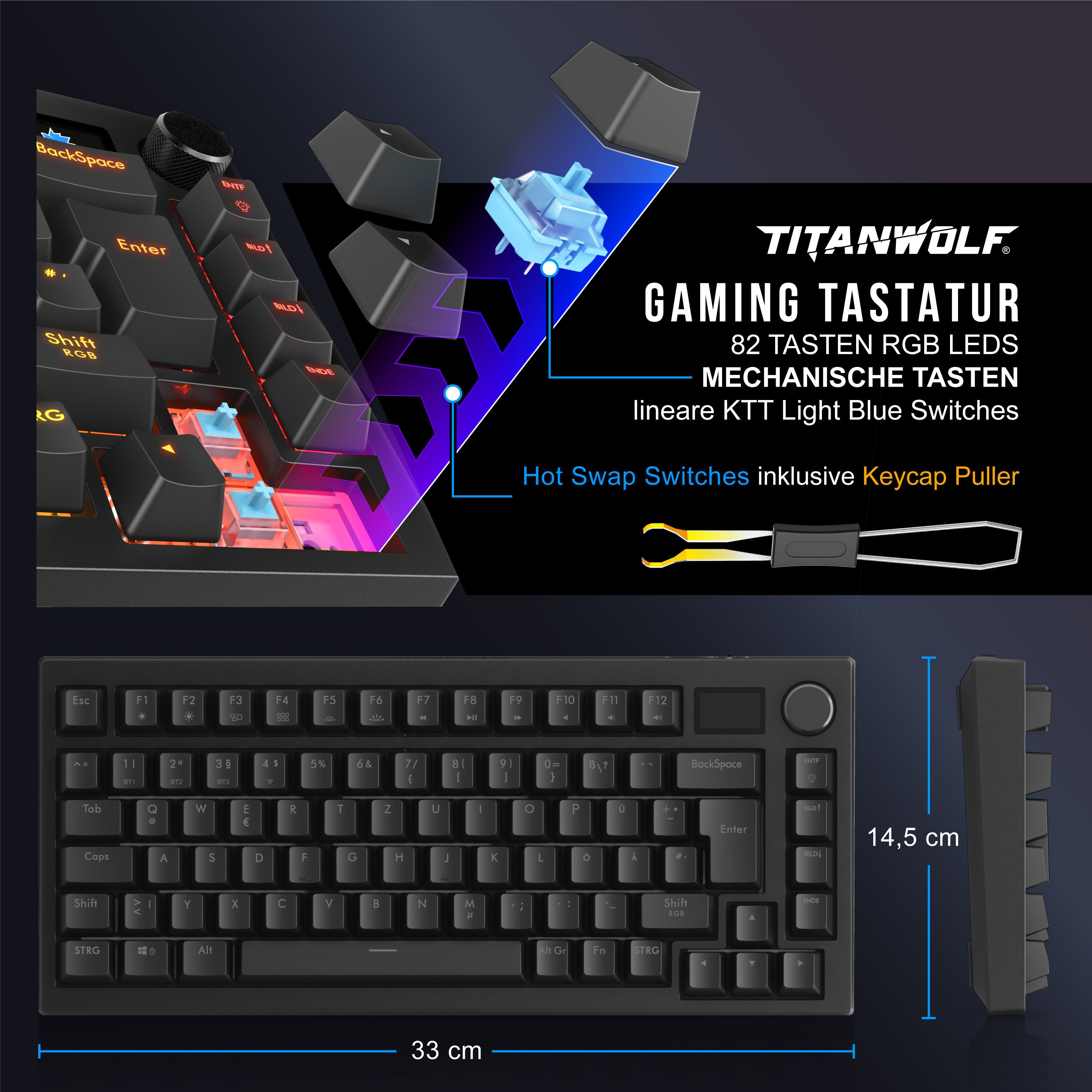 Titanwolf ALPHA Gaming Tastatur TKL, 82 Tasten mechanisch, TFT-Display, RGB Gaming-Tastatur (BT 2,4 GHz, Hot-Swap-Switches, Gasket Mount, 4000 mAh Akku, Drehregler)