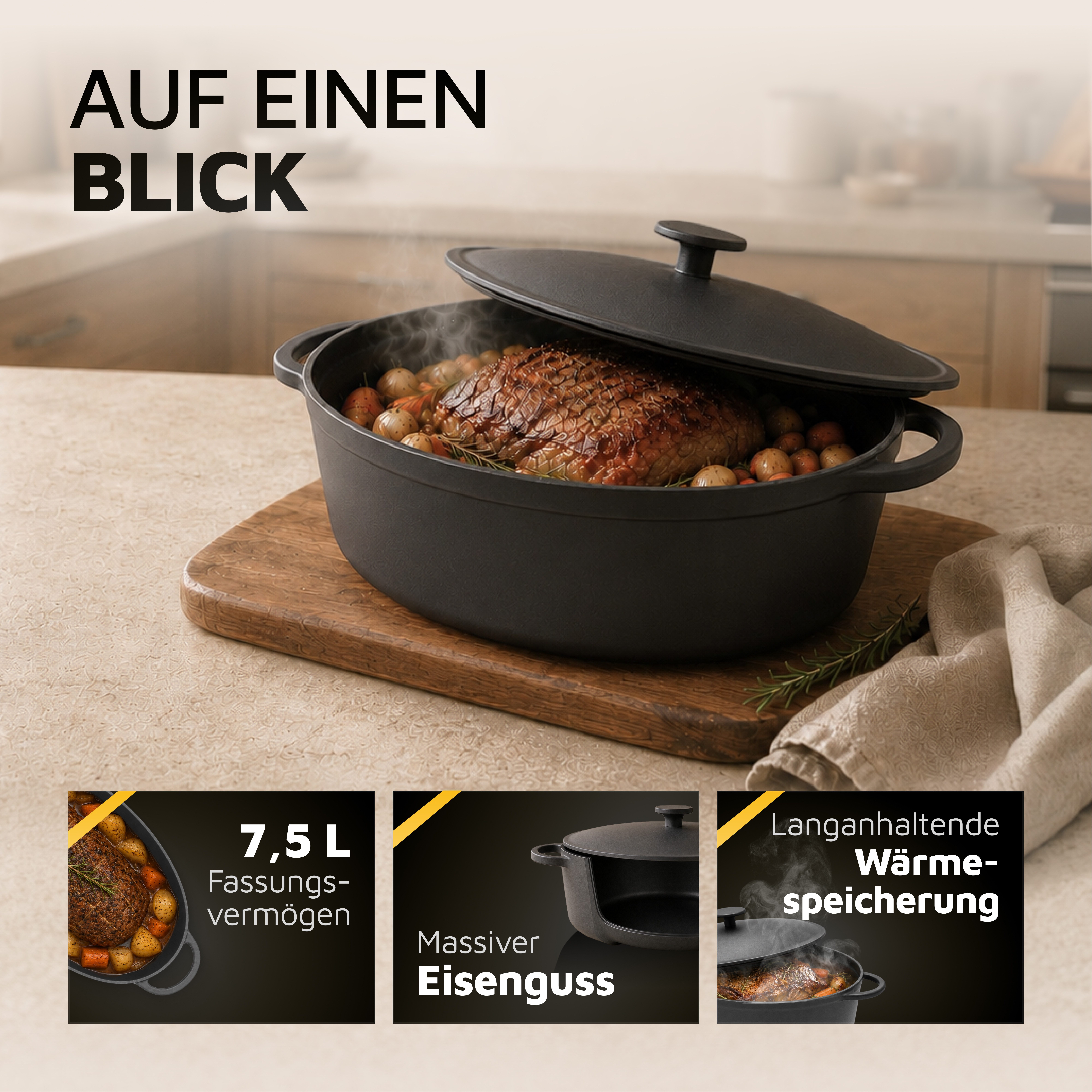 Krüger Bräter Eisenguss Gansbräter mit Deckel RUSTICA, 34 x 27 x 12,5 cm, Gusseisen (1-tlg), für Induktions-Kochfelder geeignet