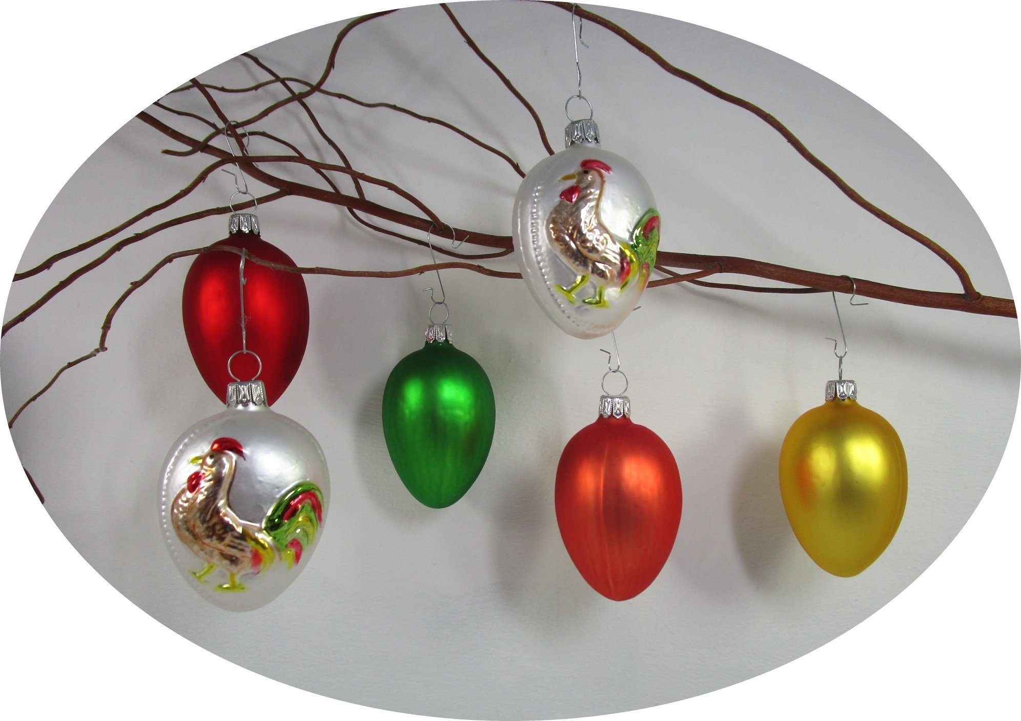 Nostalgie Christbaumschmuck Thüringen Osterei Ostereierset bunt mit Figuren (gemischtes Set, 6 tlg), MADE IN GERMANY