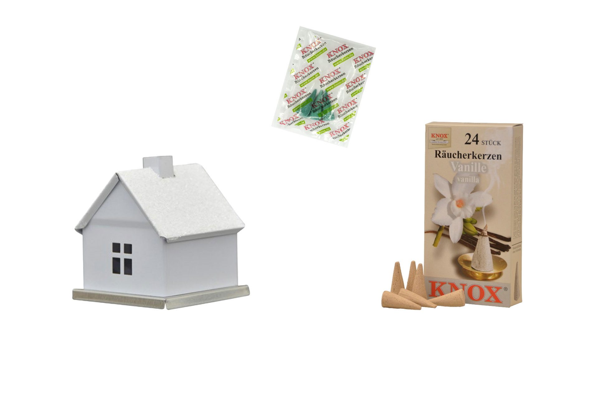 KNOX Räucherhaus Klassisch in Weiß - 24 Räucherkerzen "Vanille", für winterlichen, klassischen Flair - Made in Germany