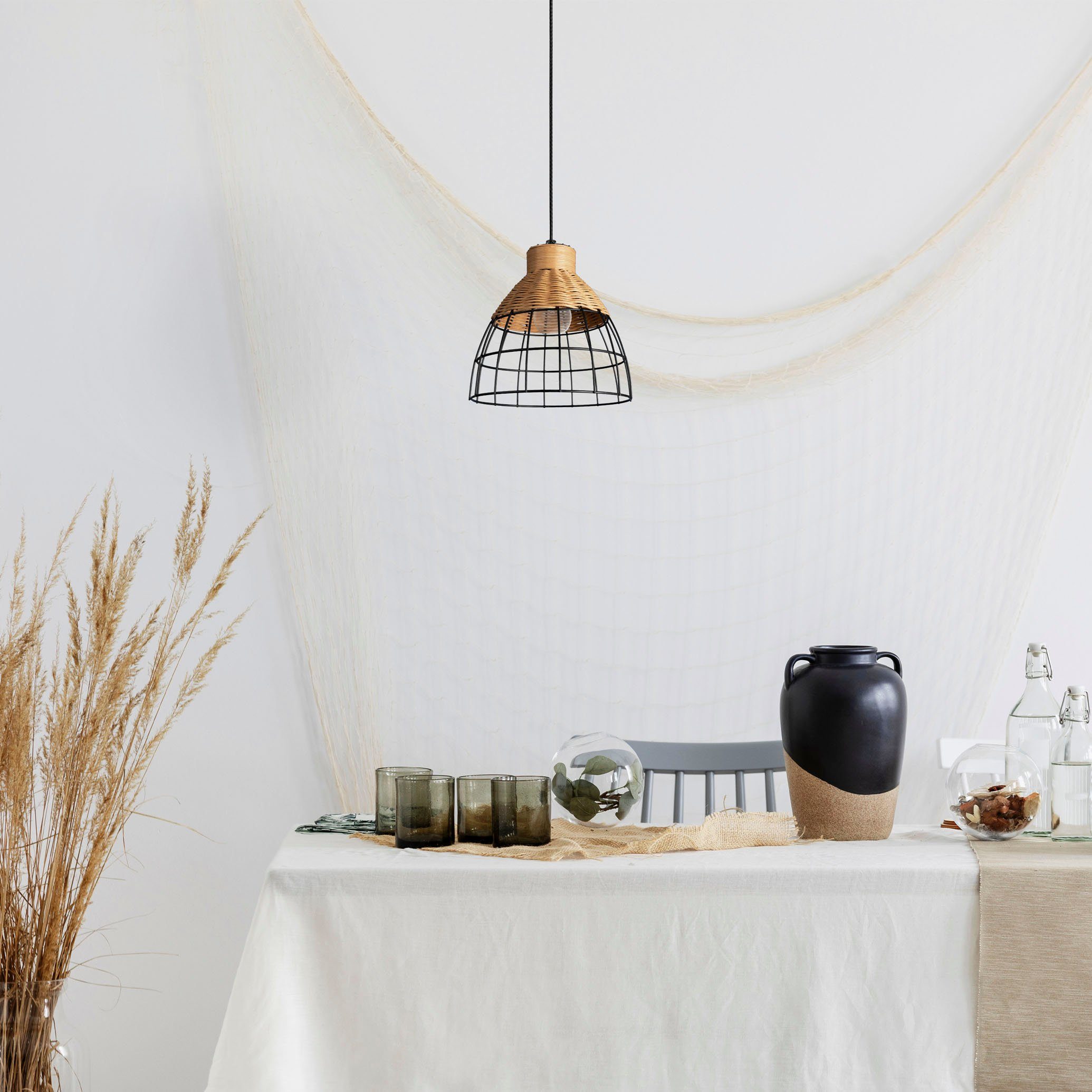 Pendelleuchte Leuchtmittel, PUCU, Hängeleuchte Home E27 LED Rattan Paco Boho Lampe Vintage ohne Korb Esszimmerlampe