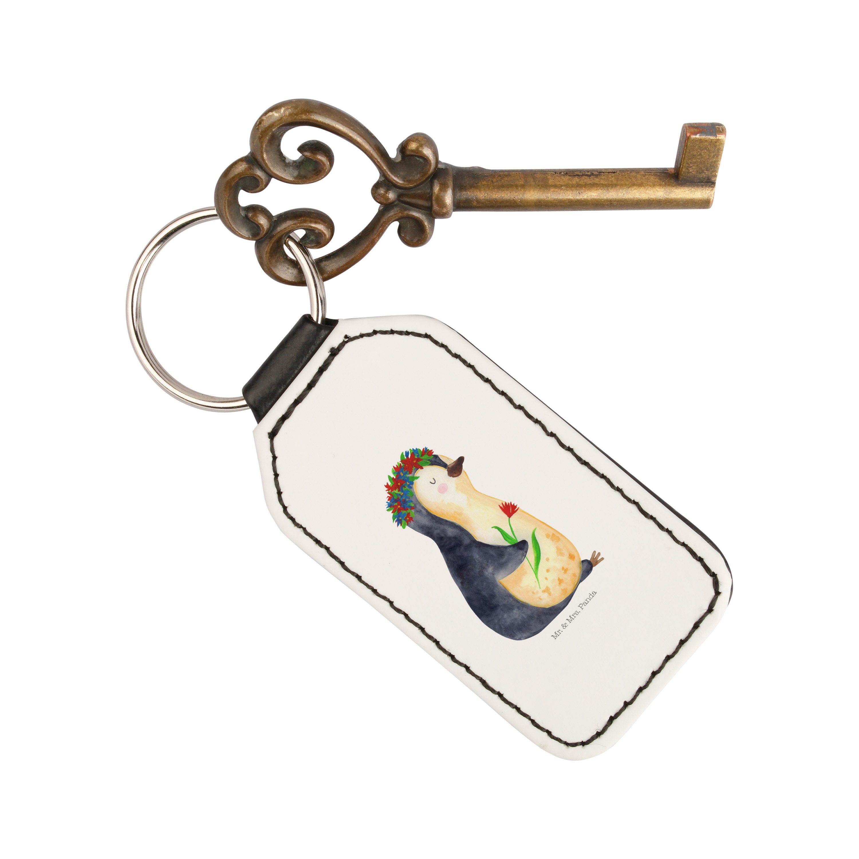Mr. & Mrs. Taschen (1-tlg) Selbstliebe, Blumenkranz Weiß Schlüsselanhänger - Panda Pinguin - Geschenk, Anhänger
