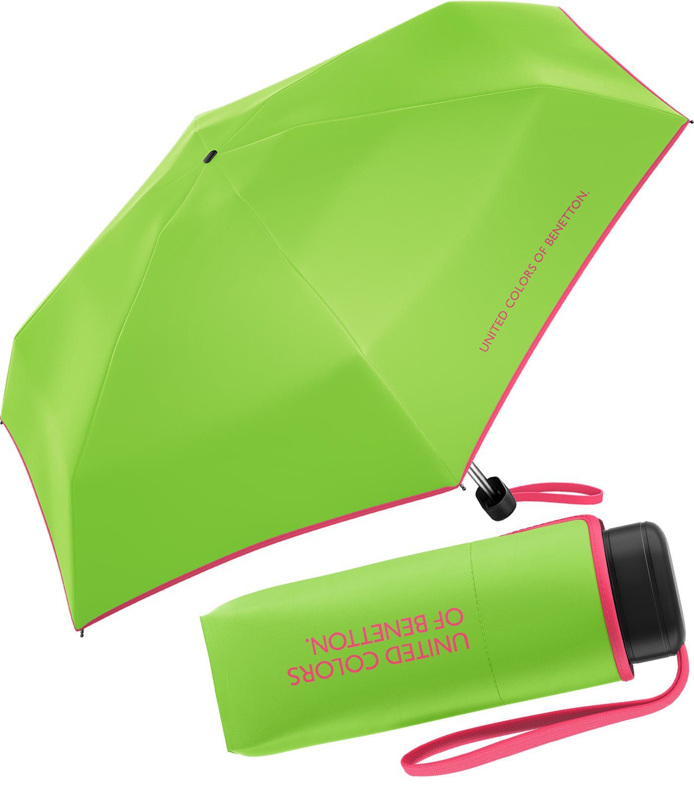 United Colors of Benetton Taschenregenschirm Ultra Mini Flat HW 2023 - green flash, leuchtende Modefarben mit kontrastreichem Saum
