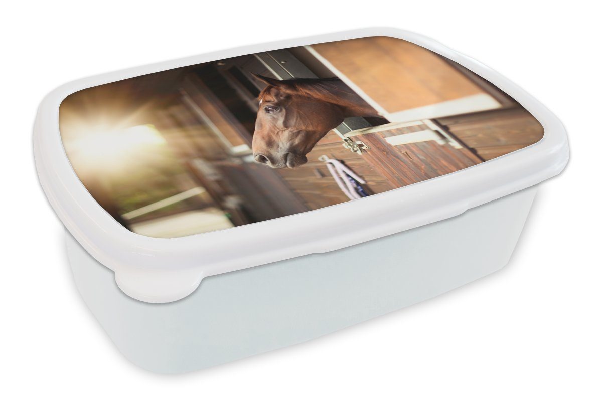 MuchoWow Lunchbox Pferd - Stall - Sonne, Kunststoff, (2-tlg), Brotbox für Kinder und Erwachsene, Brotdose, für Jungs und Mädchen weiß