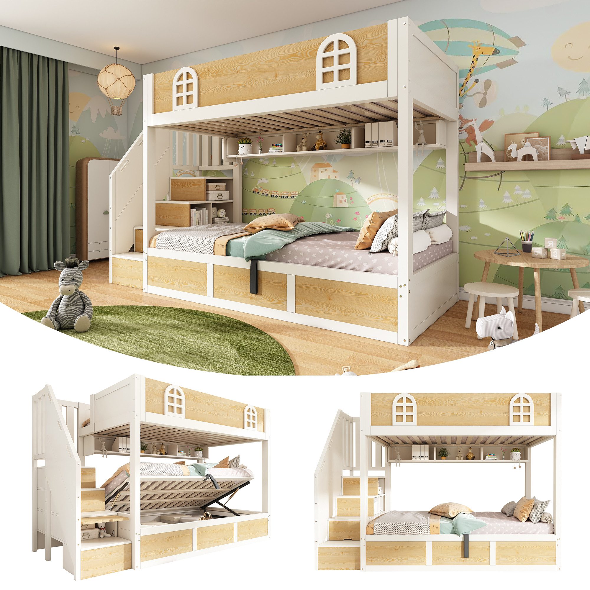 Flieks Etagenbett, Kinderbett 90x200cm mit Stauraumtreppe & Seitlich-Hydraulik Unterbett