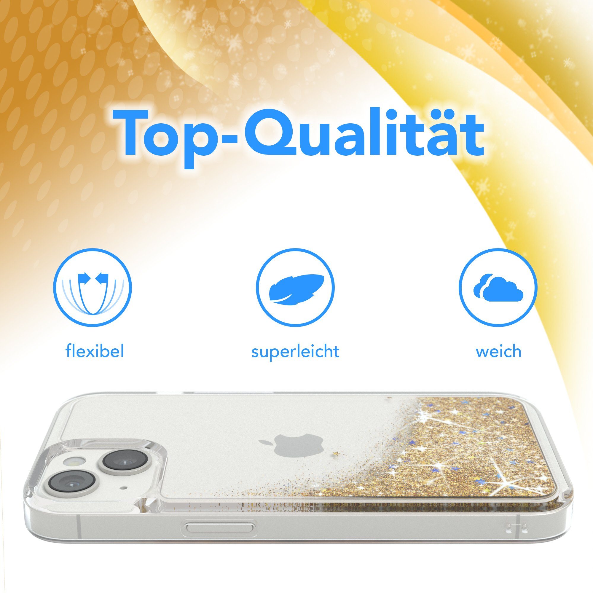 EAZY CASE Handyhülle Liquid Glittery Case für Apple iPhone 14 6,1 Zoll, Durchsichtig Back Case Handy Softcase Silikonhülle Glitzer Cover Gold