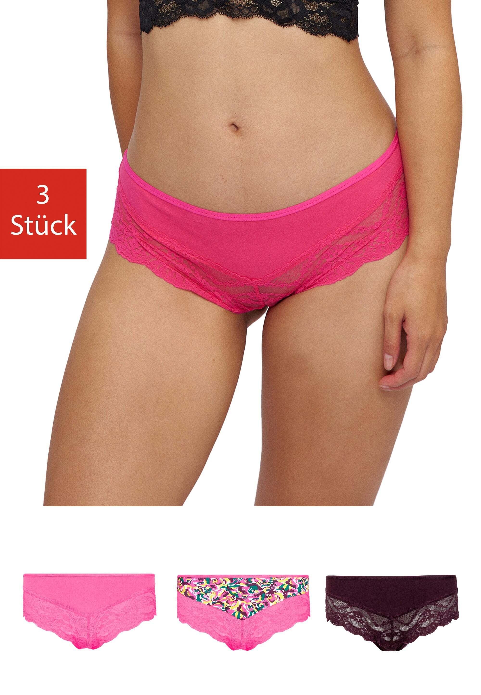 SNOCKS Hipster Unterwäsche Damen Slip Unterhosen (3-St) mit Spitze, bequem und elegant Mix Print (Rosa/Lila)