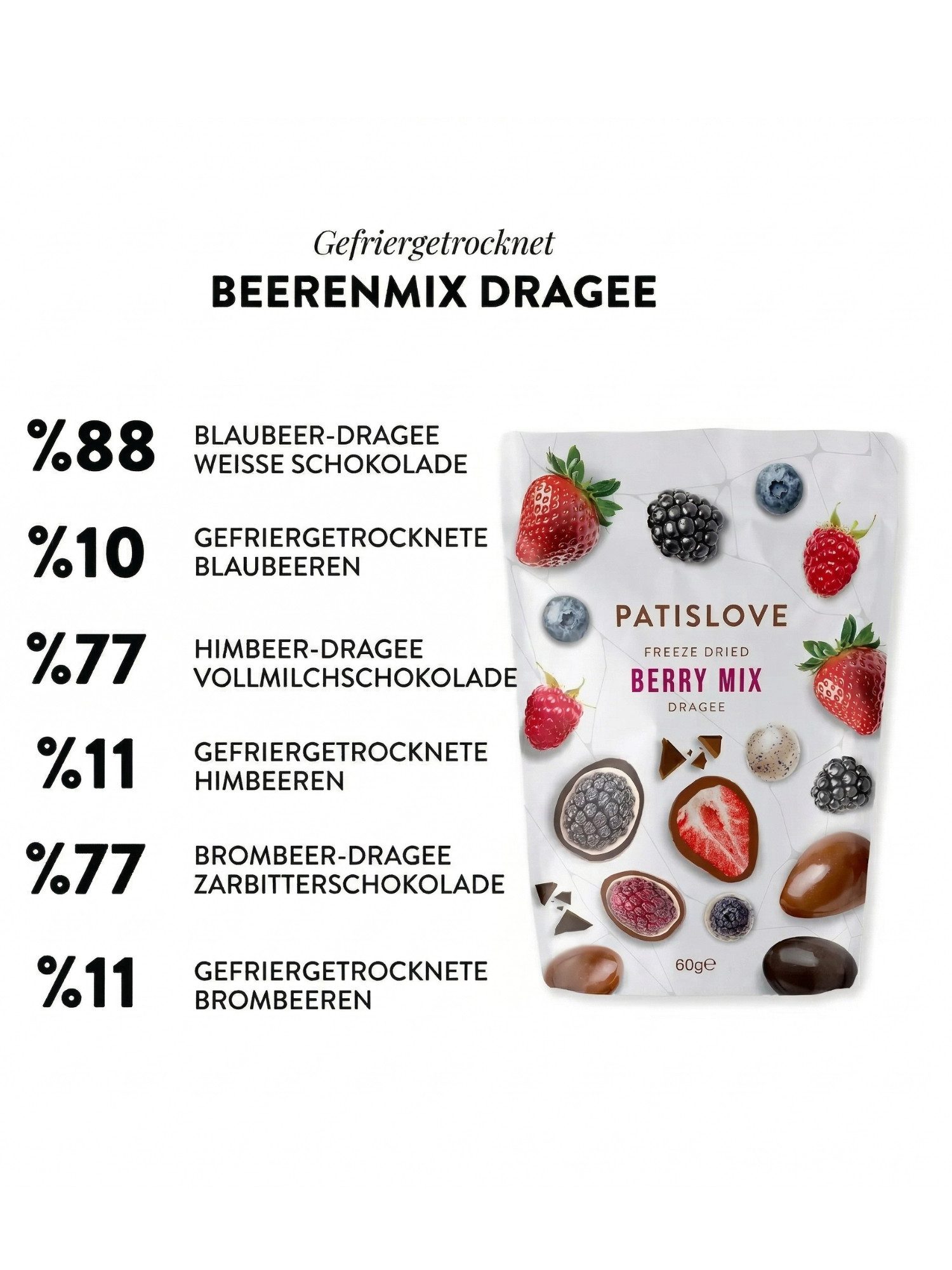 PATISLOVE Schokolade Patislove Berry Mix Dragees, Beeren-Mix in 3 Schokoladensorten, 60g, Gefriergetrocknete Beerenmischung, Überzug aus 3 Schokoladensorten