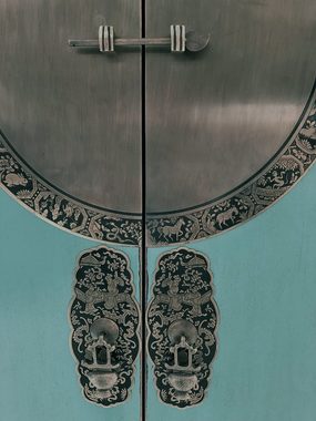 OPIUM OUTLET Kleiderschrank Hochzeitsschrank Schrank Kommode Hochkommode (Vintage-Stil Landhaus Shabby-Chic Antik-Stil, Hochschrank chinesisch asiatisch orientalisch) blau-schwarz; Breite 105 cm; Höhe 175 cm; Tiefe 55 cm