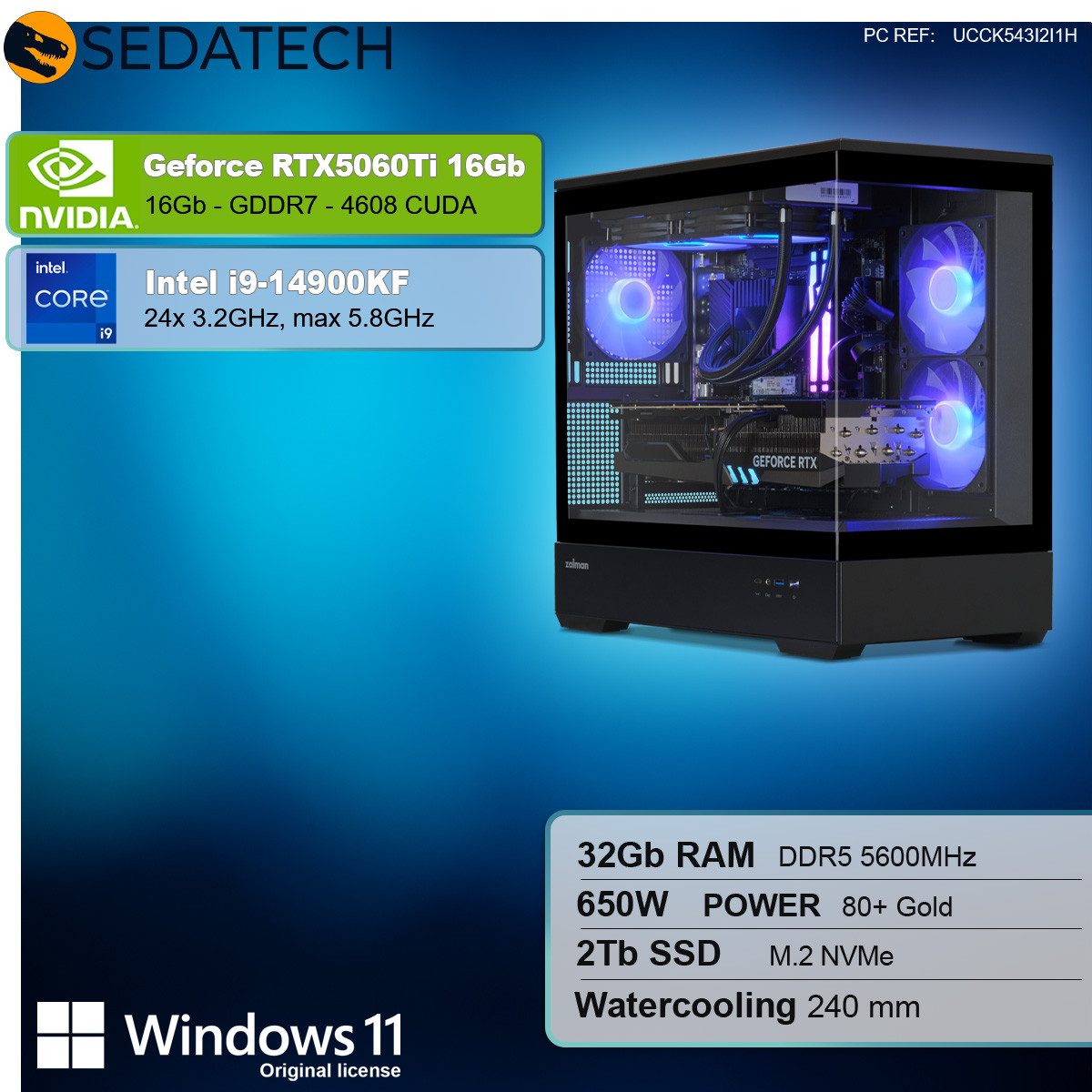 Sedatech UCCK543I2I1HF - Watercooling Gaming-PC (Intel Core i9 14900KF 24x 3.2GHz (max 5.8GHz), Geforce RTX5060Ti (16G) 16GB, 32 GB RAM, 2000 GB SSD, Watercooling, Wlan 6E)