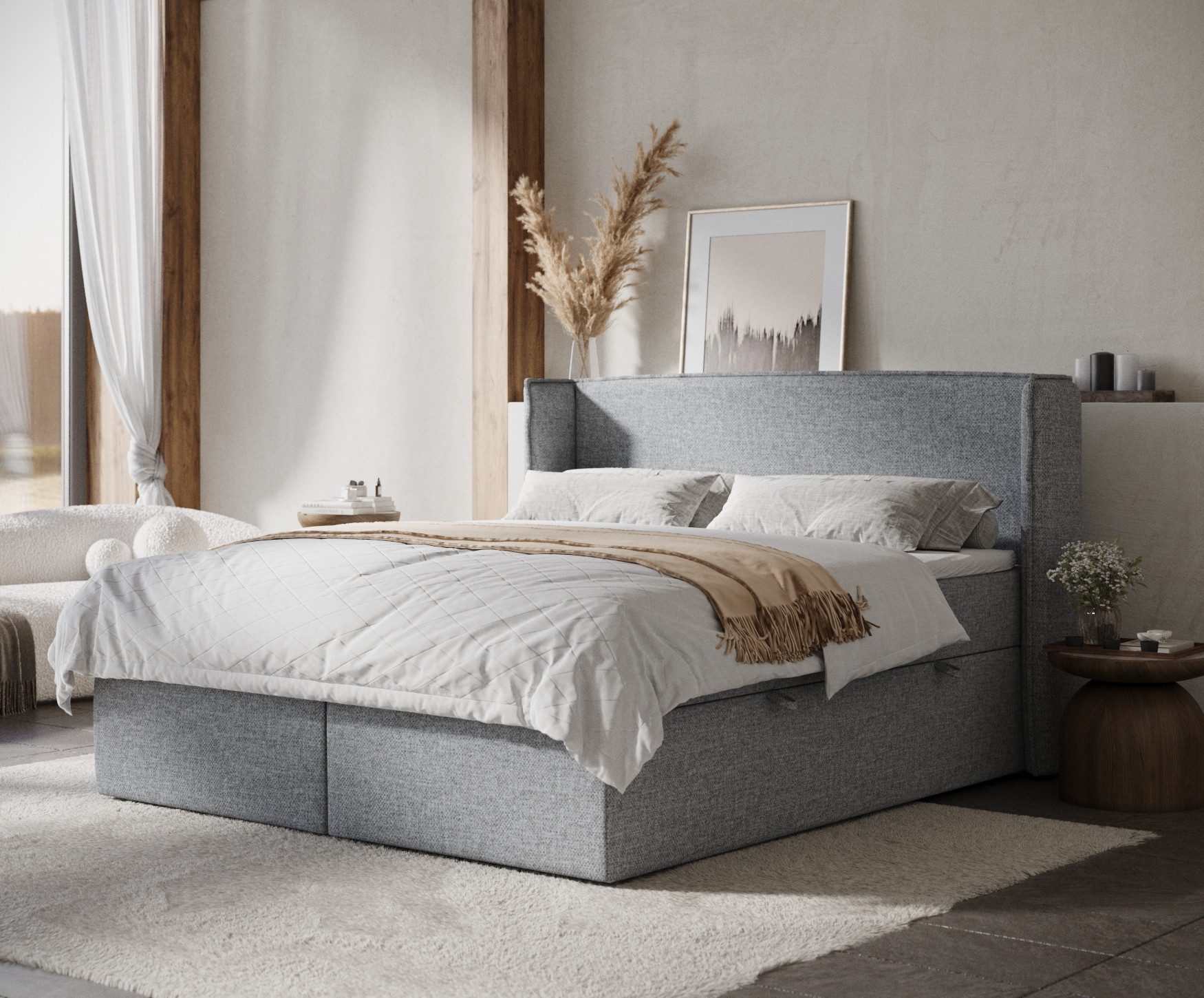 Maison de Rêve Boxbett Skyline mit Bettkasten (Matratze, Stauraum, Kopfteil, Topper), Boxspringbett mit Taschenmatratze H3, Doppelbett, inkl. Visco-Topper