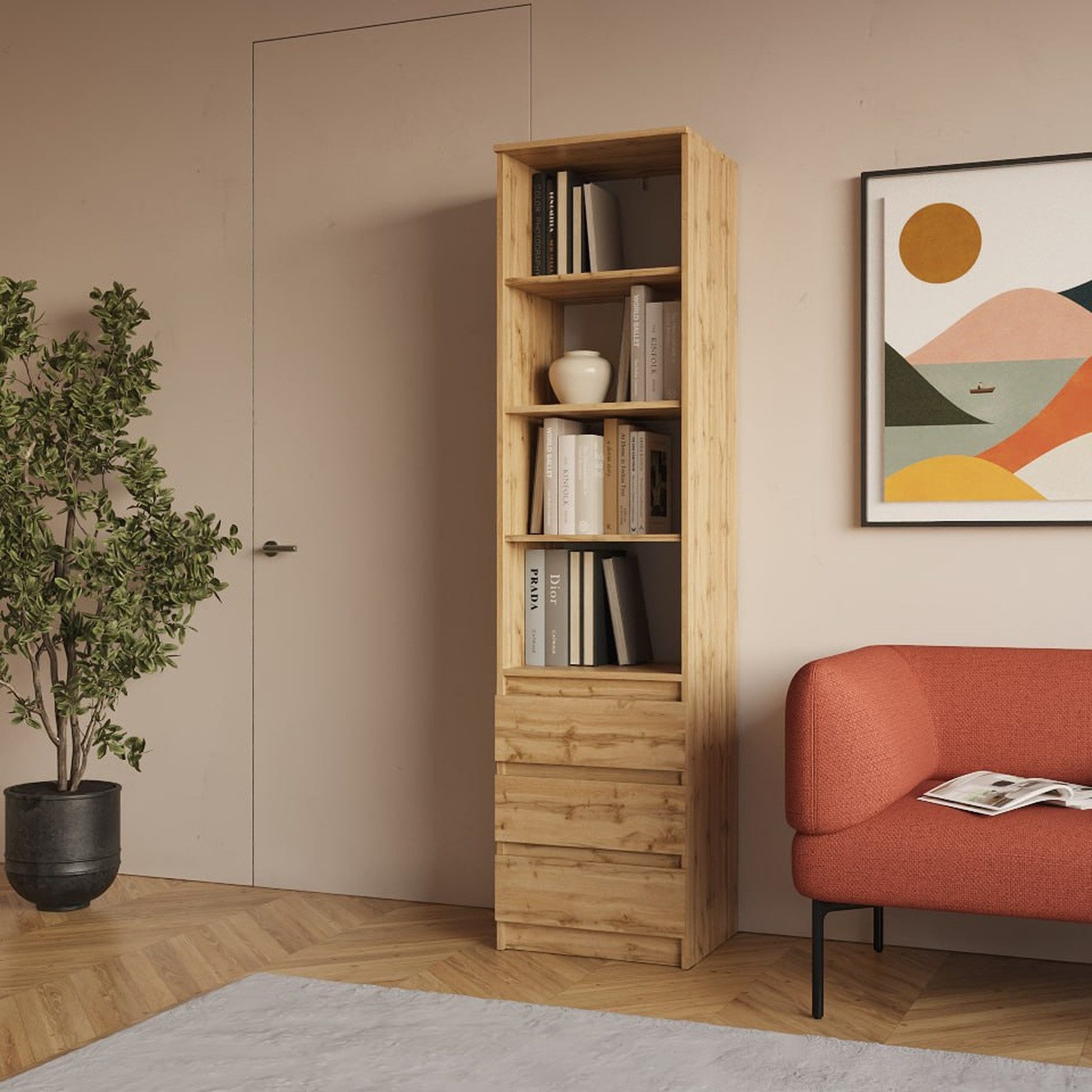 Raumhirsch Furniture Bücherregal Regal, Standregal, Aufbewahrungsregal, Wohnzimmerregal, Maße: 50,1 x 200,3 x 43,3 cm (3 Schubladen, 4 offene Fächer), Rollenauszüge, robuste Konstruktion, Viel Stauraum