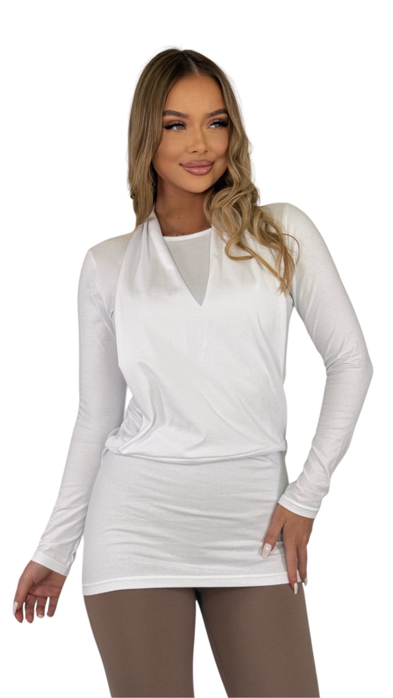 Langarmshirt Damen Longsleeve mit Wasserfallkragen – Baumwolle Stretch Shirt Felic.