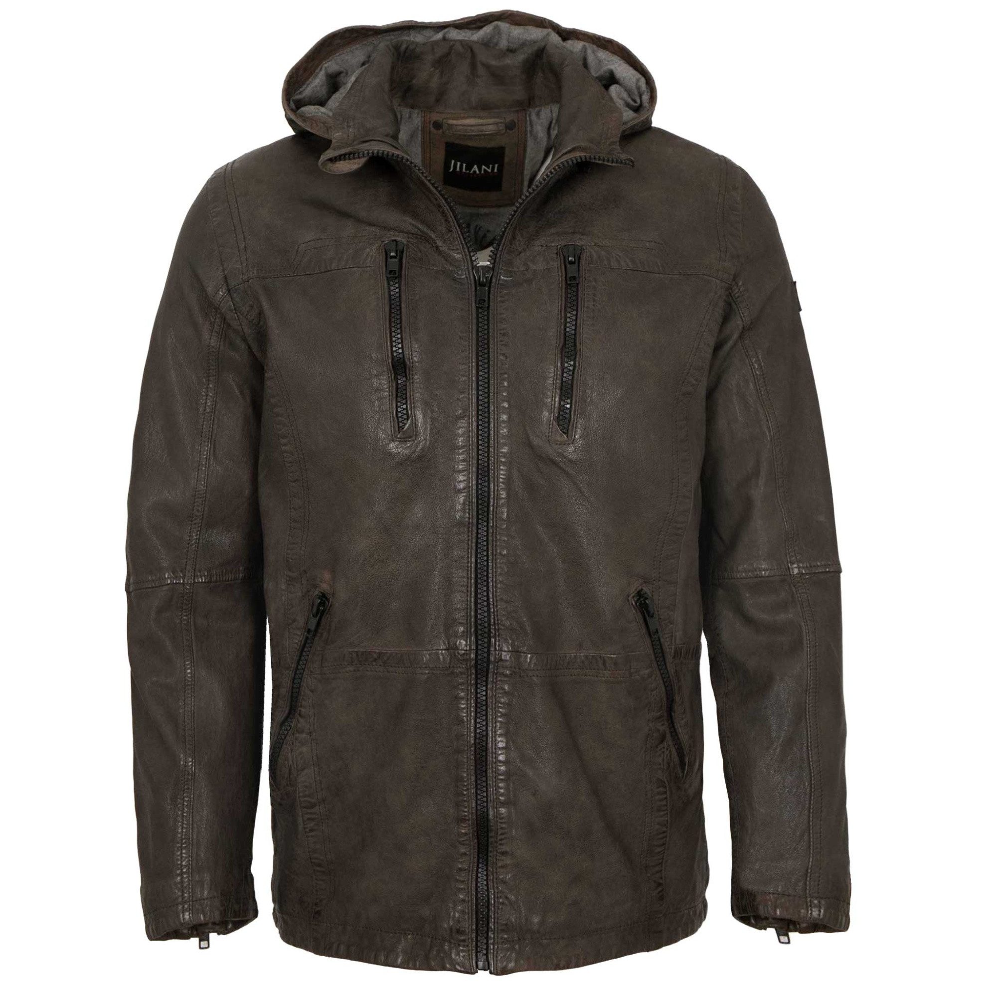 Jilani Lederjacke Florens Jilani Collection - Herren Lederjacke Lammnappa Kapuze olivebraun