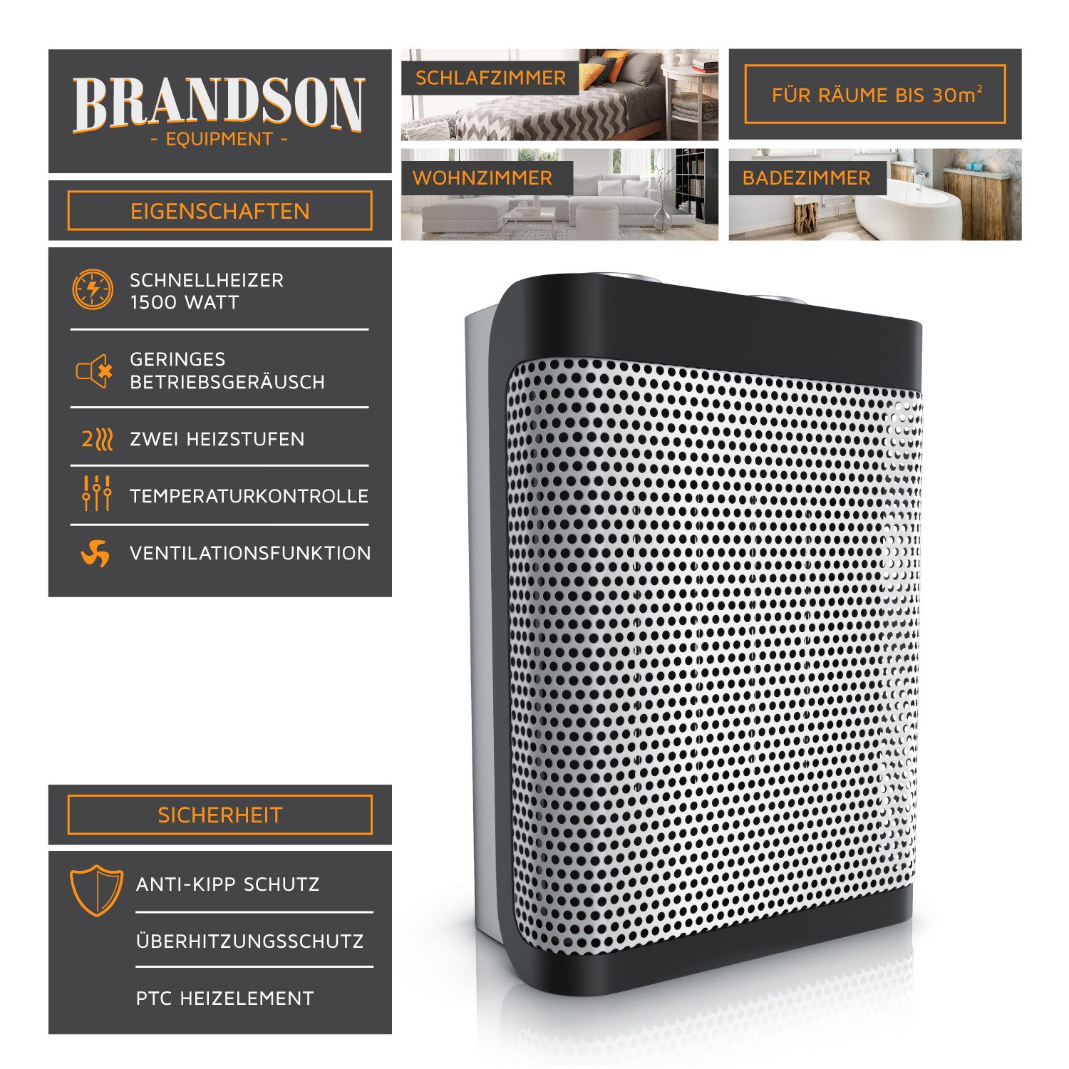Brandson Keramikheizlüfter Bad Keramikheizgerät mit Temperaturregelung & Ventilationsfunktion, 1500 W, kompakt, 2 Leistungsstufen, Heizlüfter Badezimmer energie – Bild 3 von 5