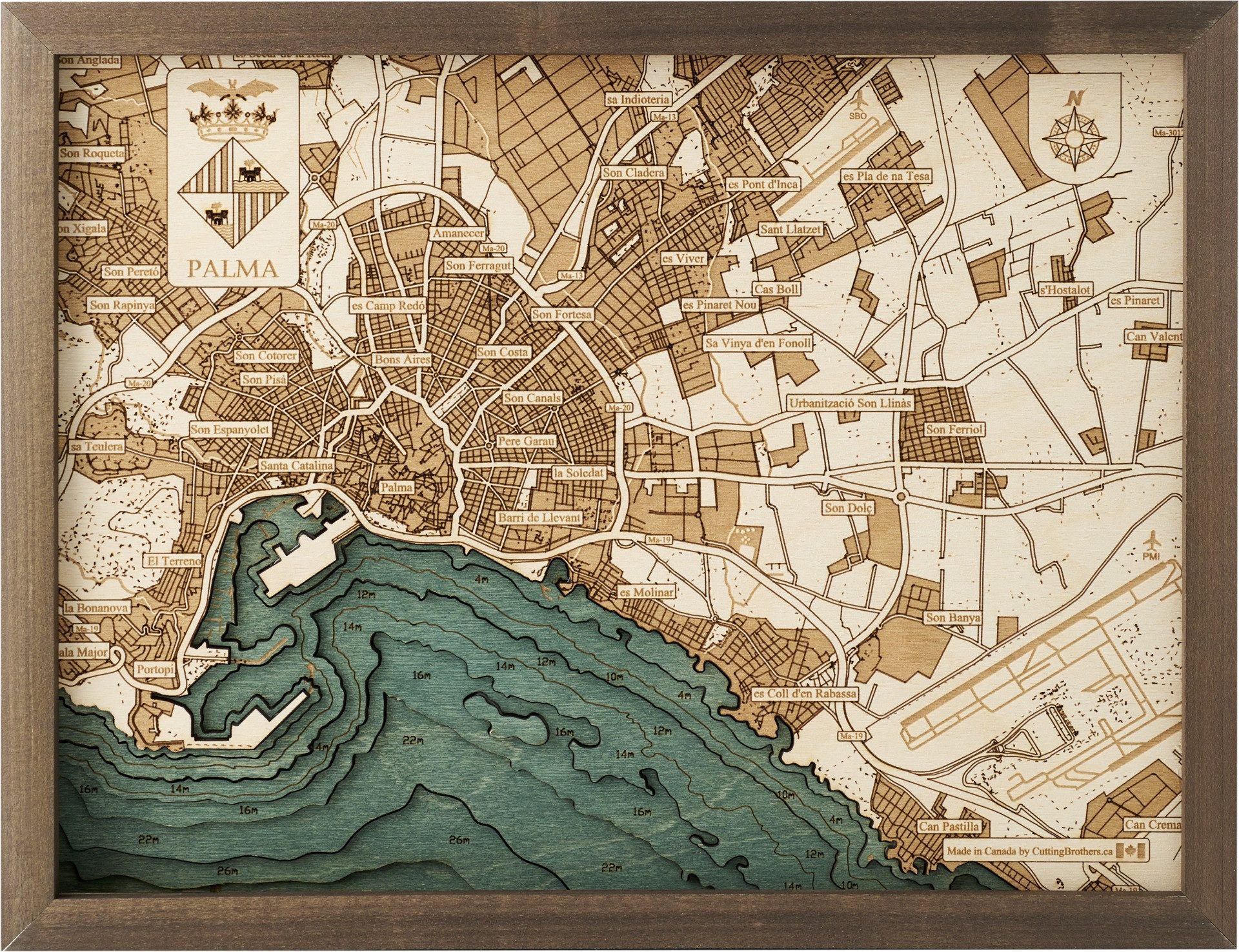 Cutting Brothers Holzbild Palma de Mallorca 40.5x30.5 cm, 3D Holz-Wandkarte, handgefertigt aus Echtholz