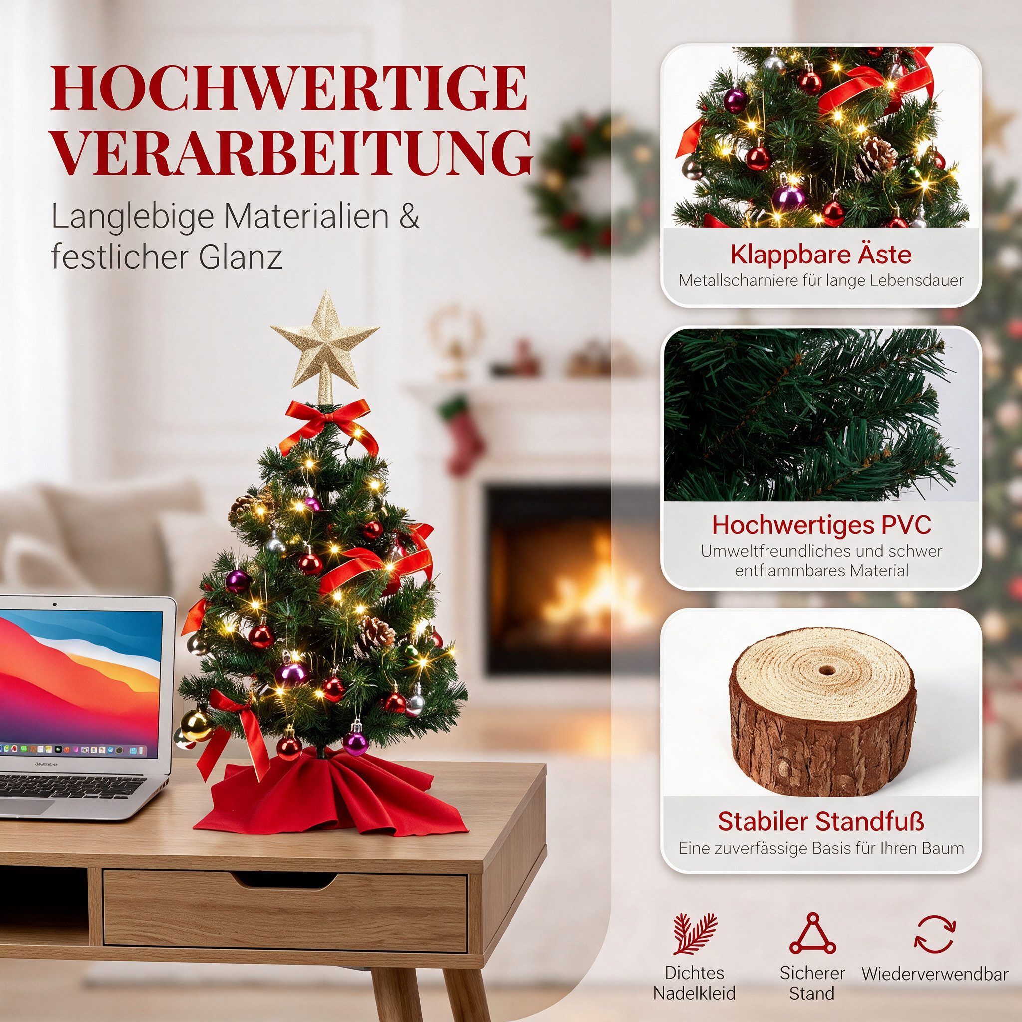 WOWDSGN Künstlicher Weihnachtsbaum 60cm mit Beleuchtung mit 50 LED Warmweiß 8 Modi mit 20 Kugeln & Sockel, Künstlicher Weihnachtsbaum, Kleiner Tisch Weihnachtsb – Bild 4 von 5