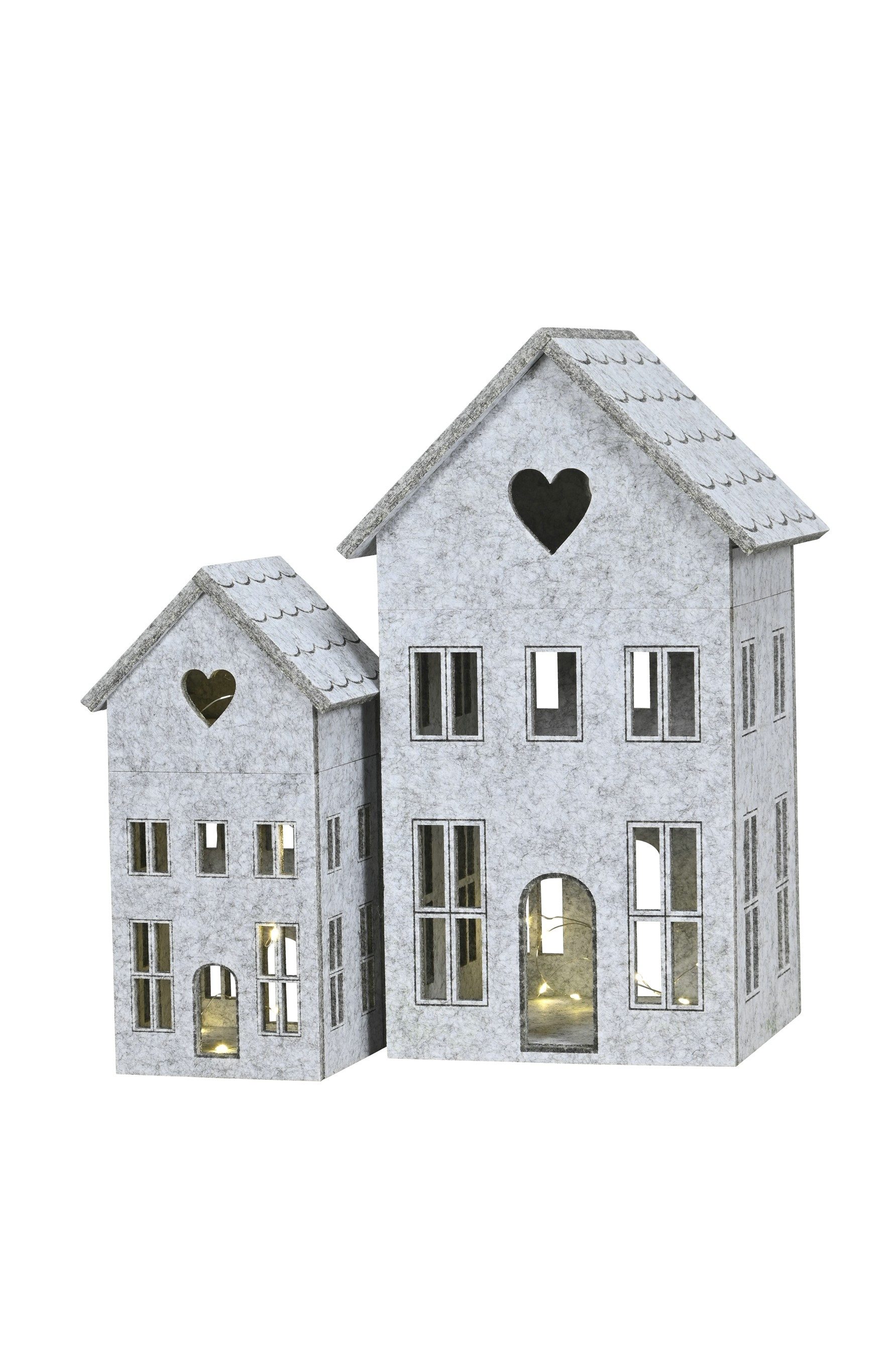 finehomegarden Dekofigur Haus Led mit Timer 2erSet H28cm + H40cm Dekohaus Polyester/Filz (Set, 2 St., 2tlg), (Set, 2 St., 2tlg), natur Filzhaus Fenstetdeko Herbst Weihnachten