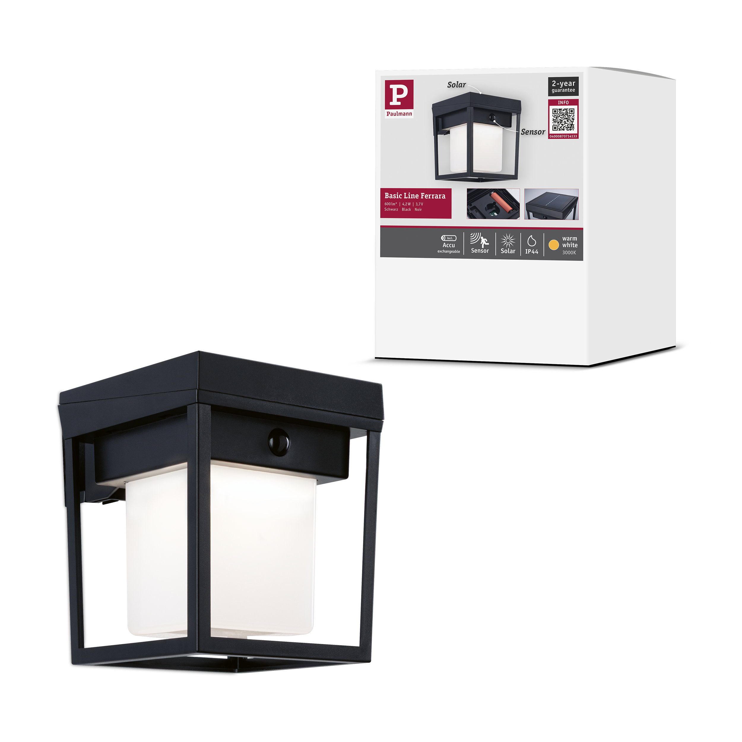 Paulmann LED Wandleuchte Solar LED Außenwandleuchte Ferrara IP44 eckig 121x156 mm 3000K 4,2W 40