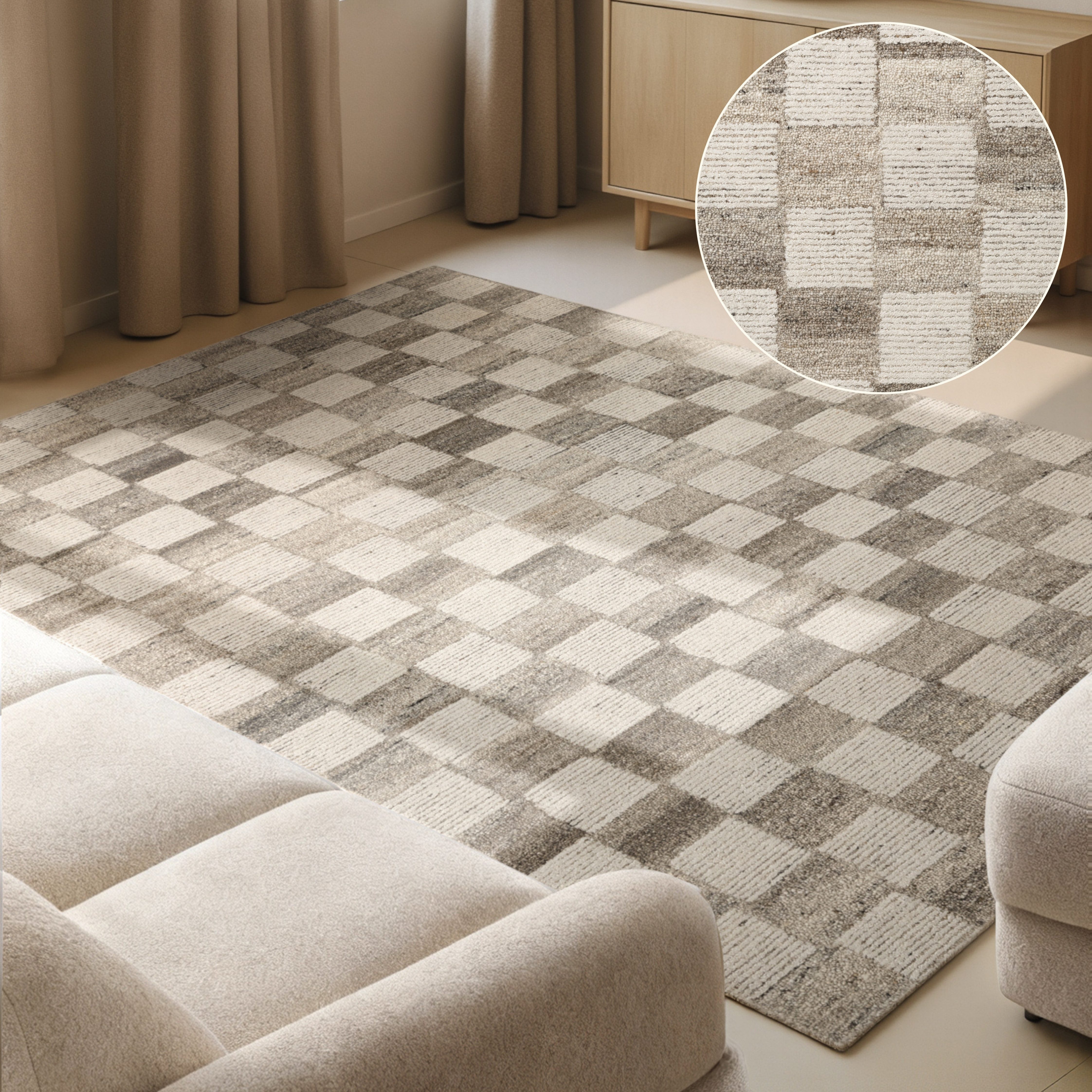 vikosa Wollteppich Quadra, rechteckig, Höhe: 15 mm, Handgemacht, Kariert, Karo, Natur, Wolle, Wohnzimmer,Schlafzimmer