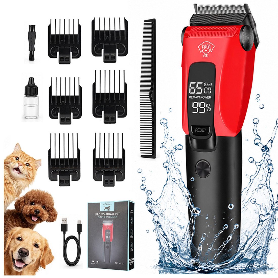 Luckice Hundeschermaschine Tierhaarschneider Set Tierhaarschneidemaschine mit Zubehör, Leise Hundeschermaschine, 1200mAh Hundetrimmer mit 3 Geschwindigkeiten, Mit Kamm ausgestattet geeignet für Hunde Katzen und Haustiere mit