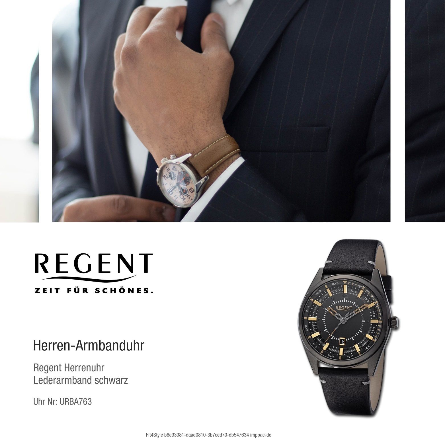 Regent Quarzuhr Regent rundes (ca. groß Gehäuse, schwarz, Lederarmband Armbanduhr extra Herren 41mm) Analog, Herrenuhr