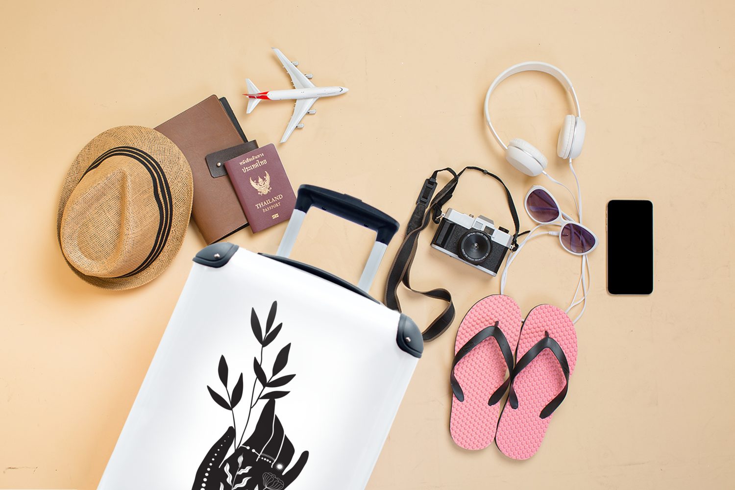 Reisekoffer mit und Ferien, Rollen, rollen, einer einem Handgepäckkoffer Moderne Hand von MuchoWow Kunst Reisetasche Trolley, weißem für Handgepäck Zweig 4 Hintergrund, auf