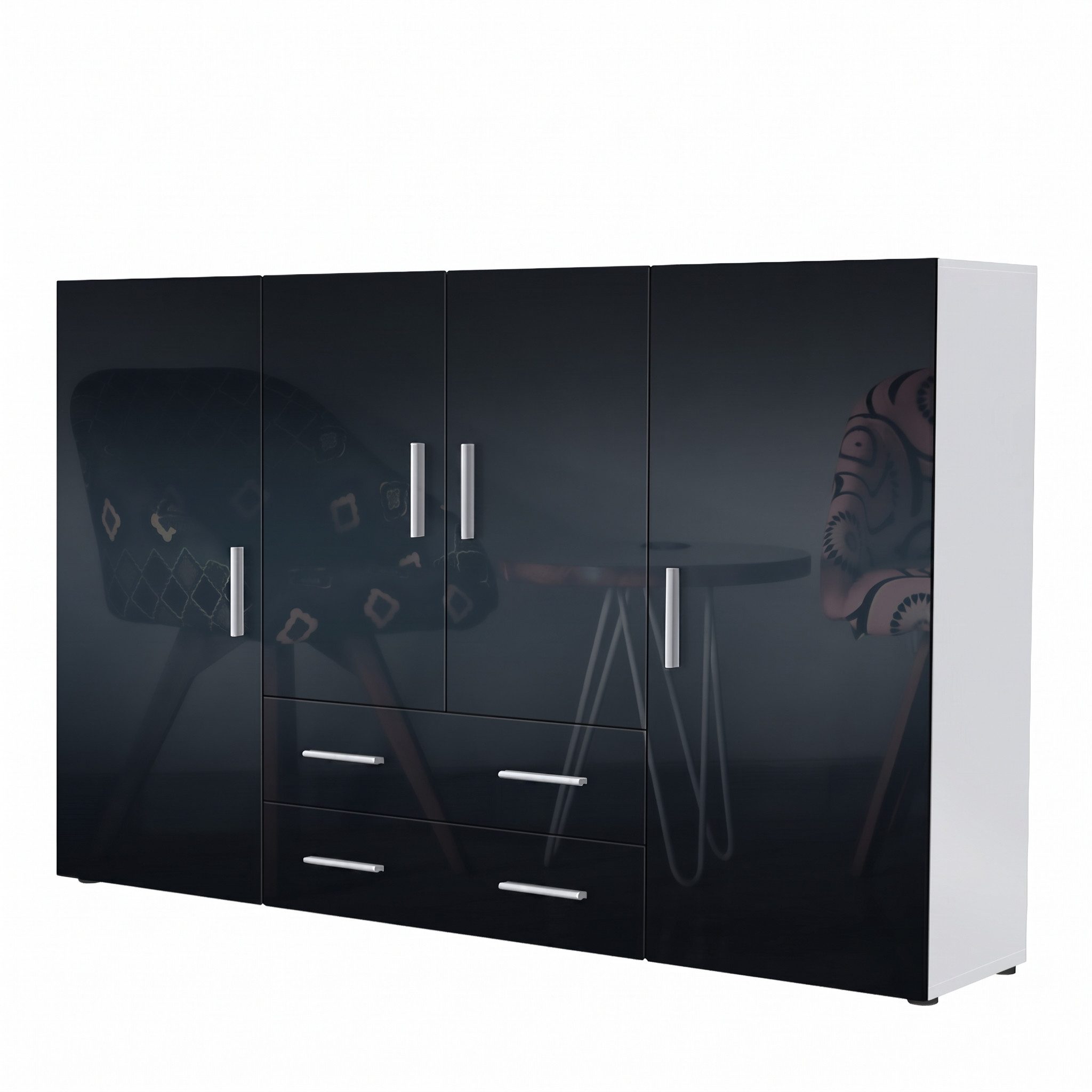 Vladon Highboard Nora (Anrichte mit 2 Schubladen, und 4 Türen mit insgesamt 8 Fächer dahinter), Weiß matt/Schwarz Hochglanz (166,5 x 106,5 x 35 cm)