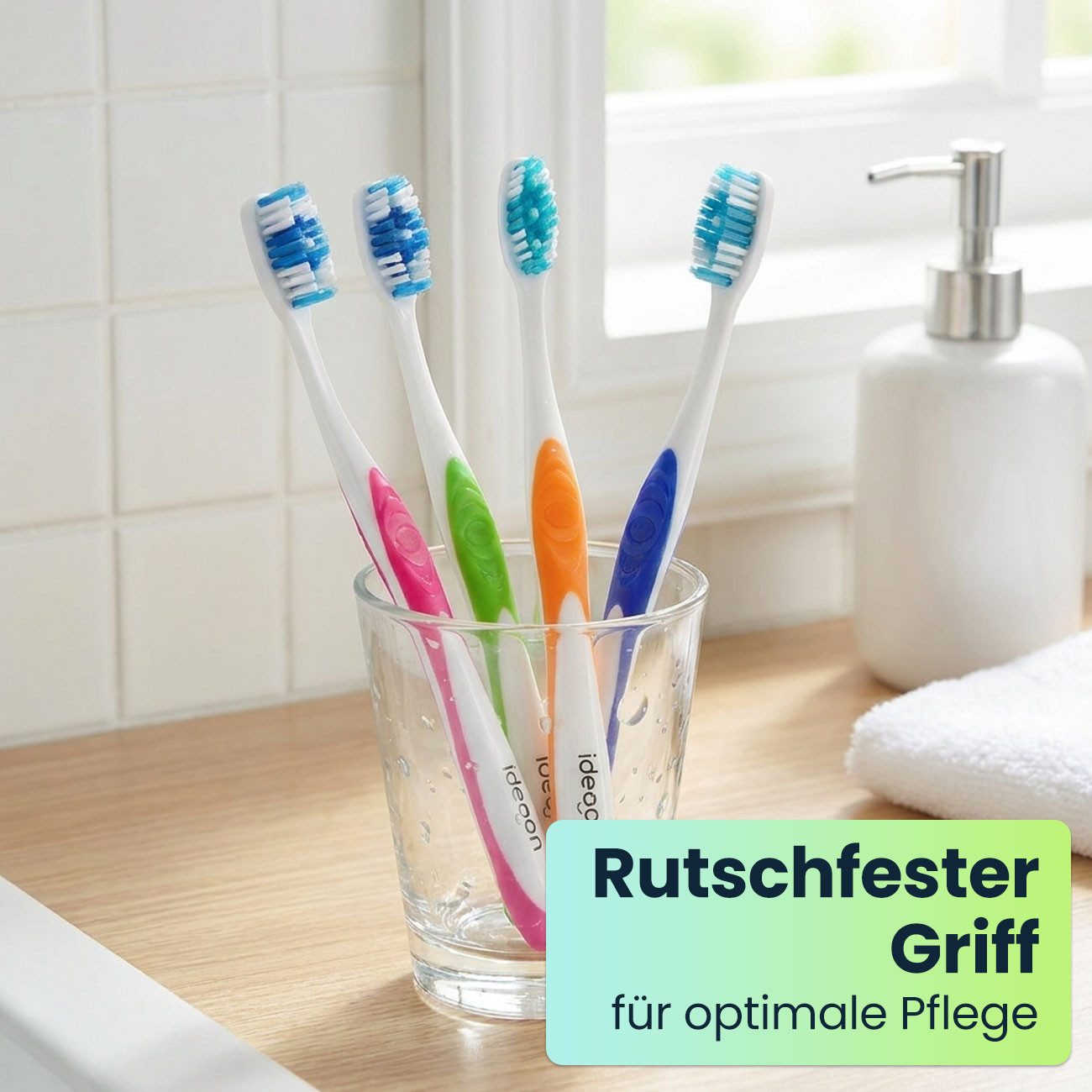 shop'n smile ideoon Zahnbürste Handzahnbürsten Set Hart mit Zungenreiniger, 12er- / 24er-Pack, Zahnbürsten-Familienpackung mit Wellenprofil & einzeln verpackt