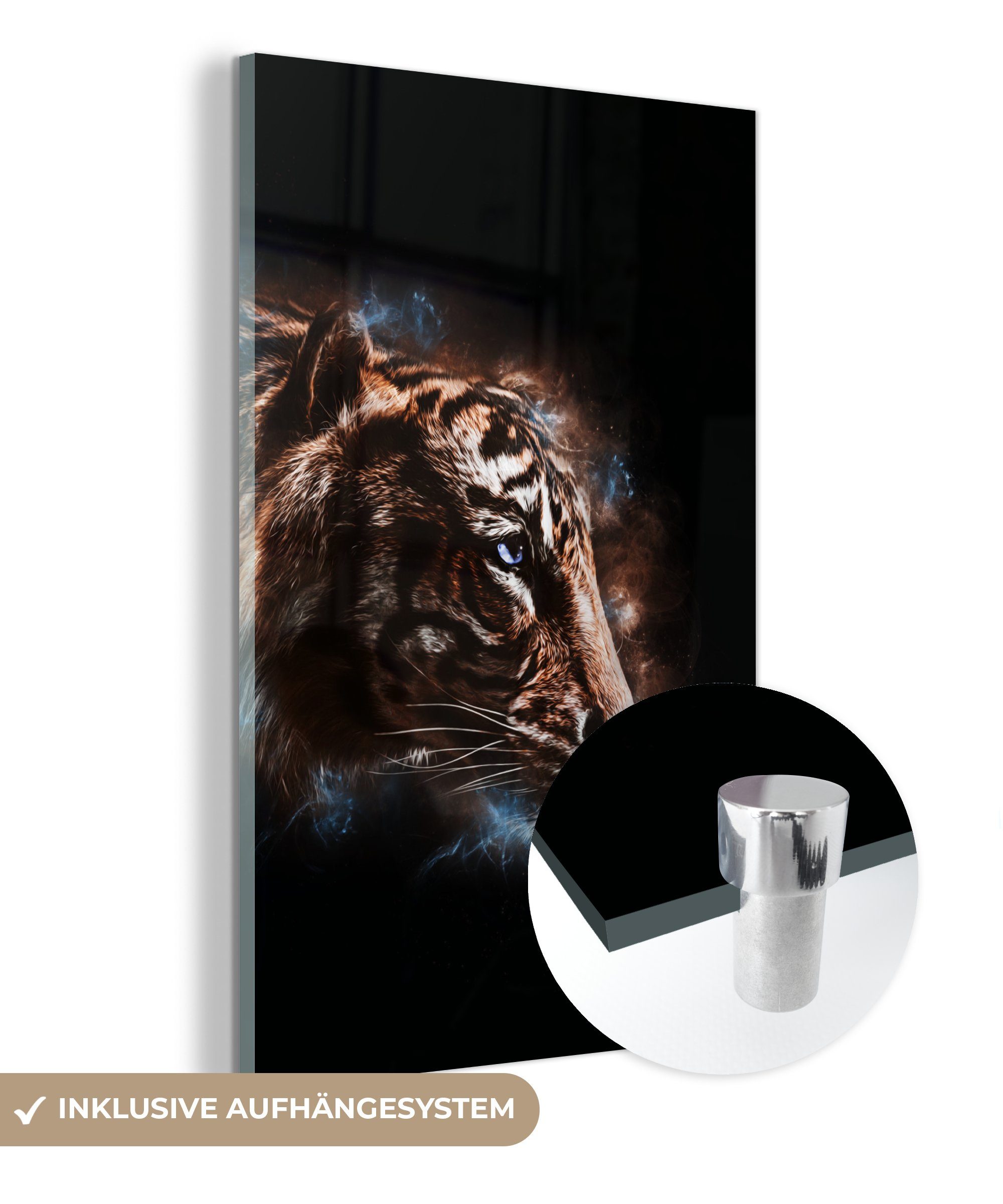 MuchoWow Acrylglasbild Tiger - Magie - Schwarz, (1 St), Glasbilder - Bilder auf Glas Wandbild - Foto auf Glas - Wanddekoration bunt