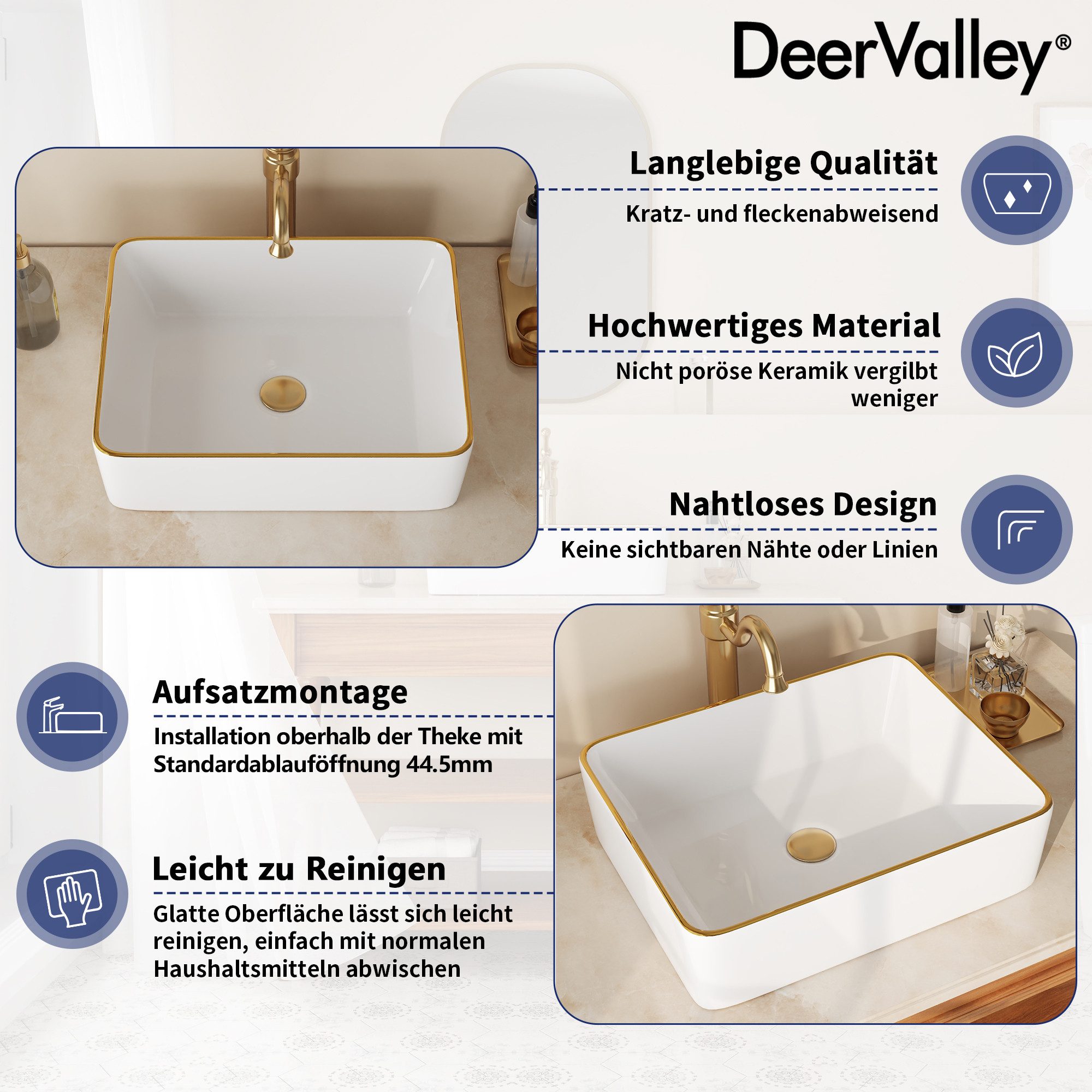 DeerValley Waschbecken Aufsatzwaschbecken Keramik, Glänzende Keramik, Goldrand, pflegeleicht