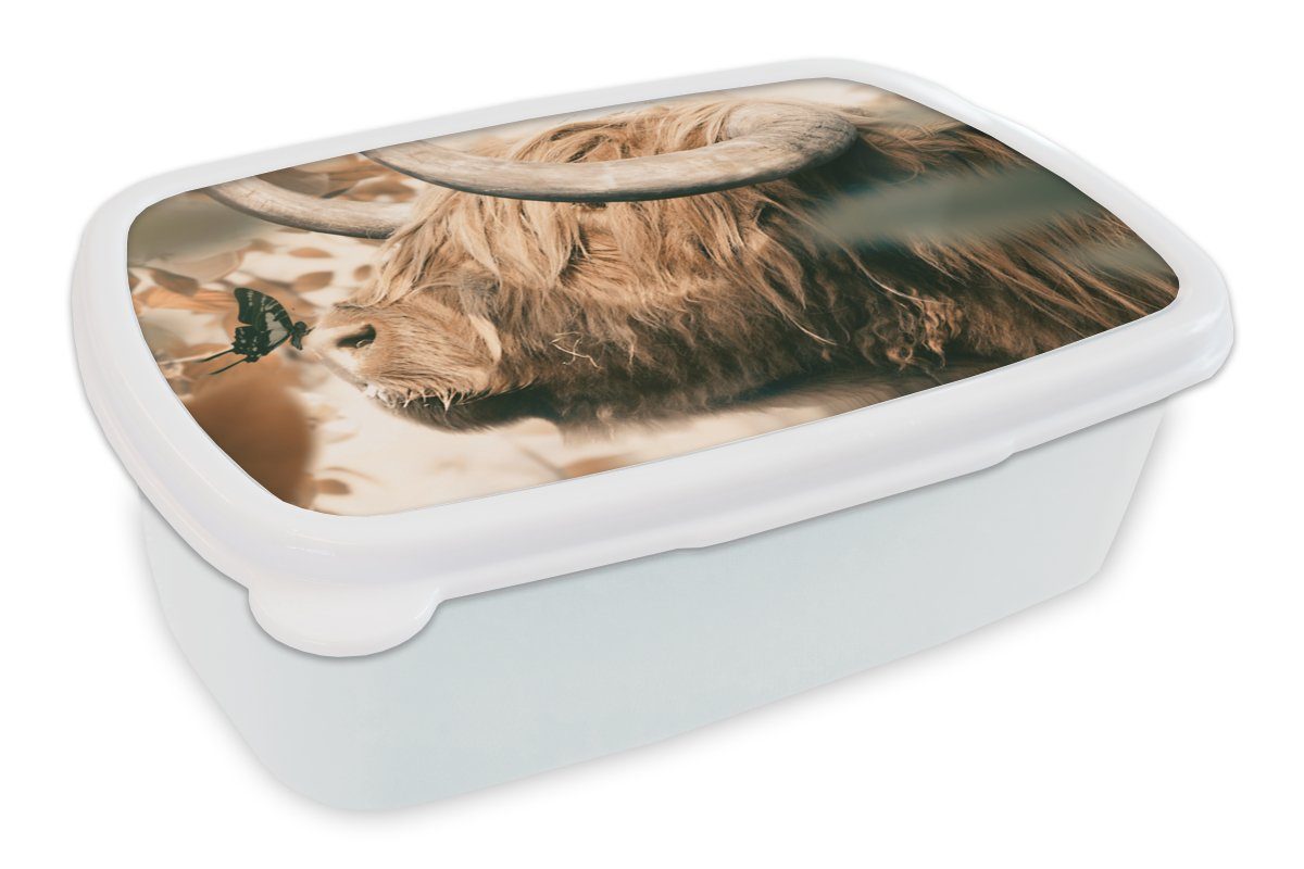 MuchoWow Lunchbox Schottischer Hochländer - Schmetterling - Tiere, Kunststoff, (2-tlg), Brotbox für Kinder und Erwachsene, Brotdose, für Jungs und Mädchen weiß