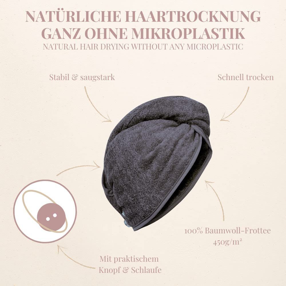 Haarhandtuch & Hair Schlaufe, saugstarker Haare Haar-Turban 100% Towel aus Handtuch Knopf grau, Turban-Handtuch Haar Turban Carenesse Baumwolle Haarturban