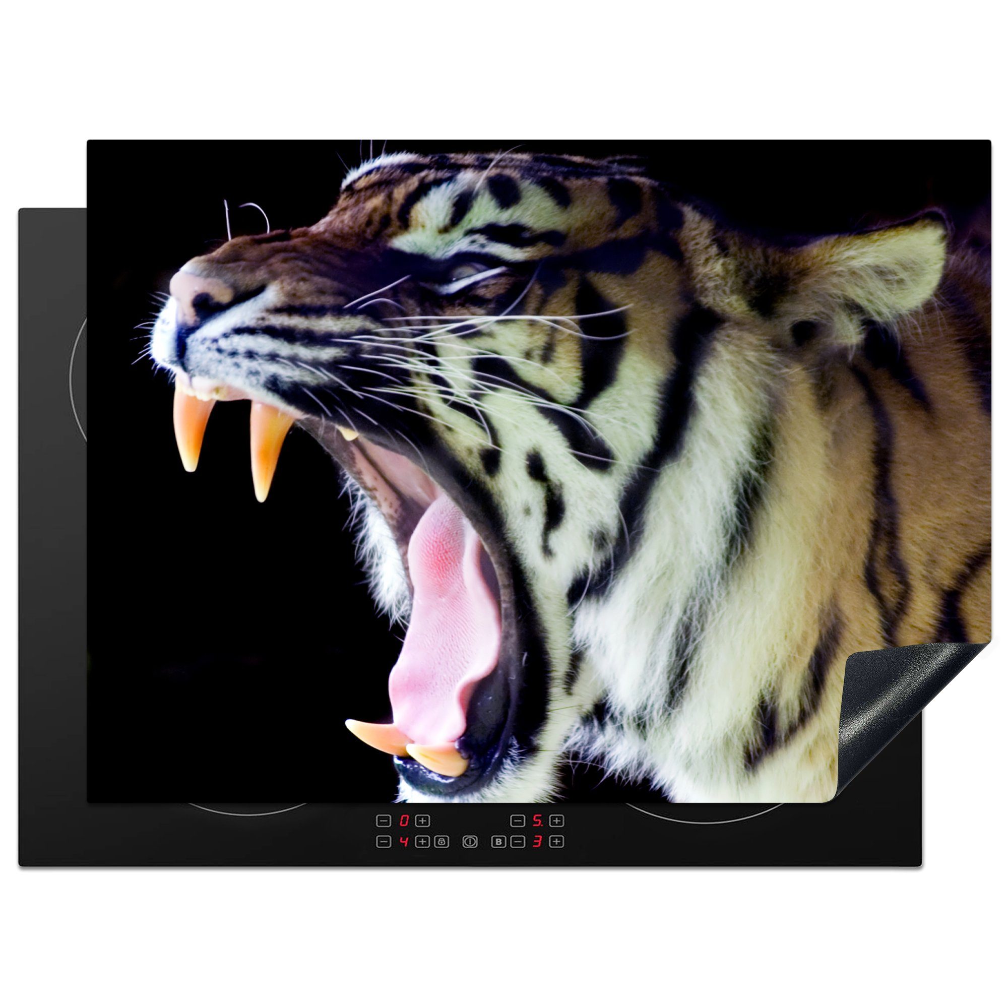 MuchoWow Herdblende-/Abdeckplatte Tiger - Zähne - Porträt, Vinyl, (1 tlg), 71x52 cm, Induktionskochfeld Schutz für die küche, Ceranfeldabdeckung