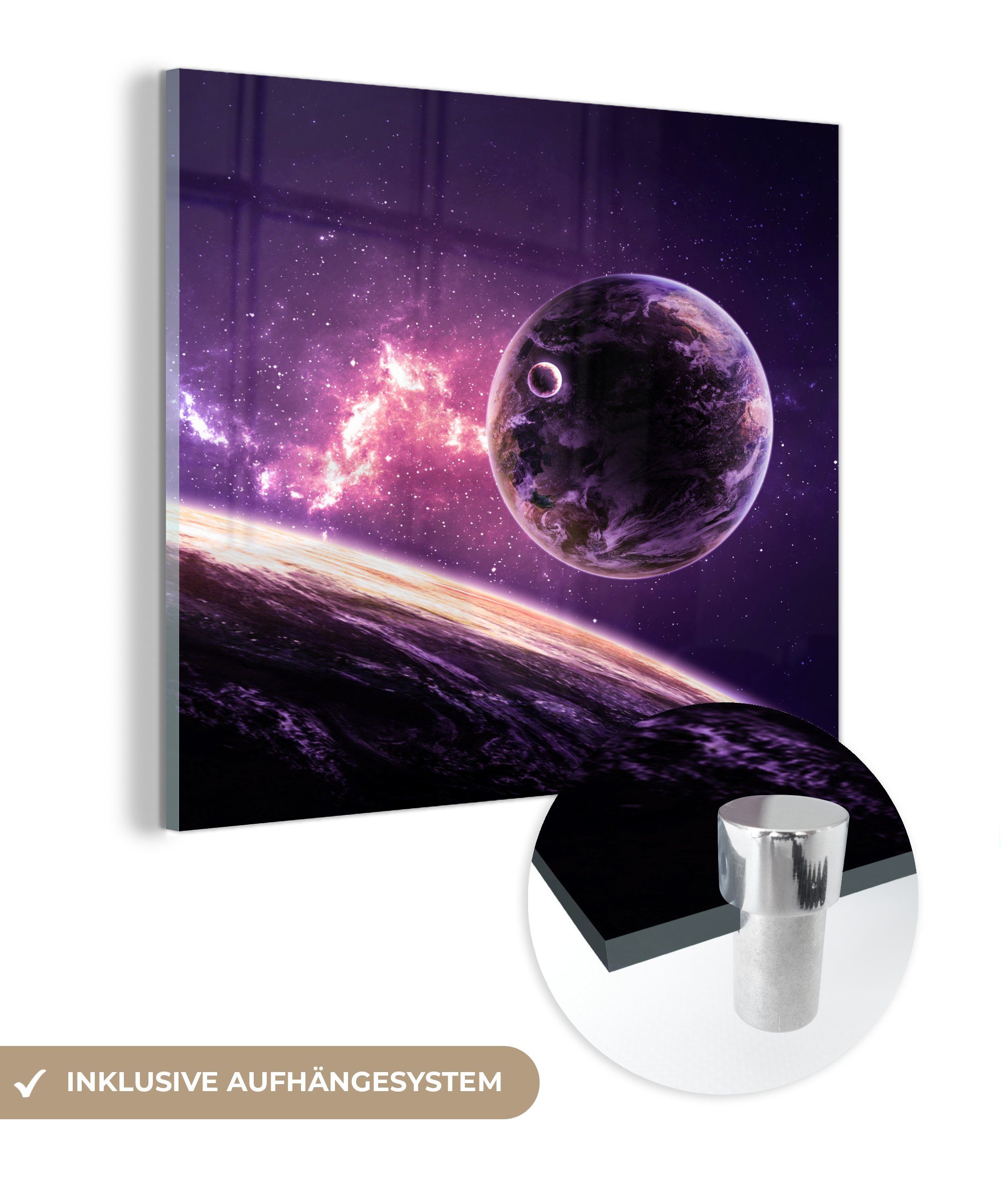 - Wanddekoration - Planeten Sterne auf auf Wandbild Lila, Glas Bilder (1 Glas - Foto - Acrylglasbild St), Glasbilder - MuchoWow