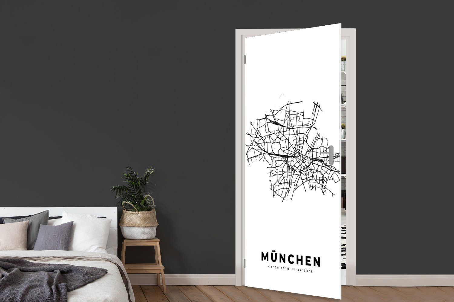 MuchoWow Türtapete Deutschland, St), und Karte Türaufkleber, bedruckt, cm Stadtplan - Matt, für - - 75x205 weiß Schwarz Tür, München Fototapete - (1