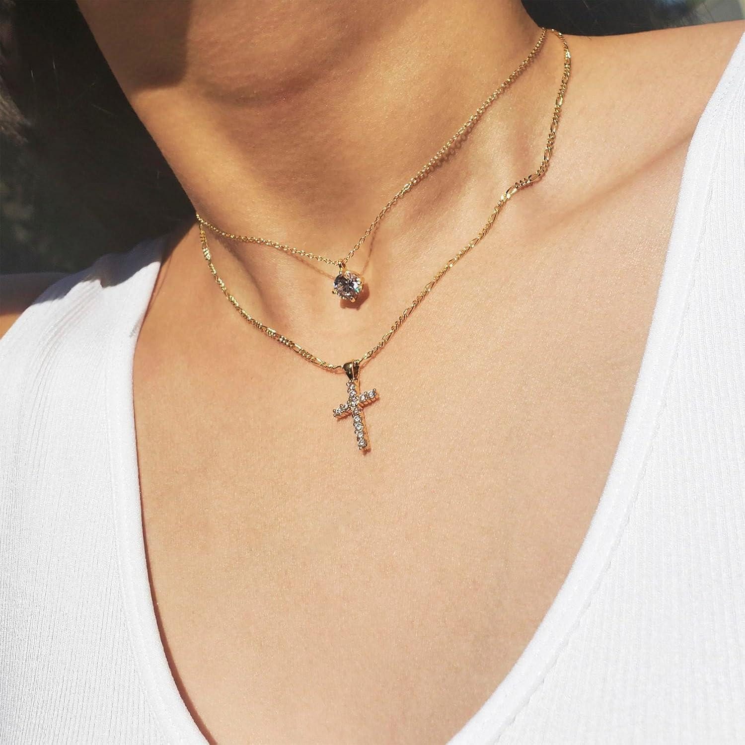 LuxusKollektion Kreuzkette Gold vergoldete Kreuzkette Damen 14K Layered Kristallmodeschmuck