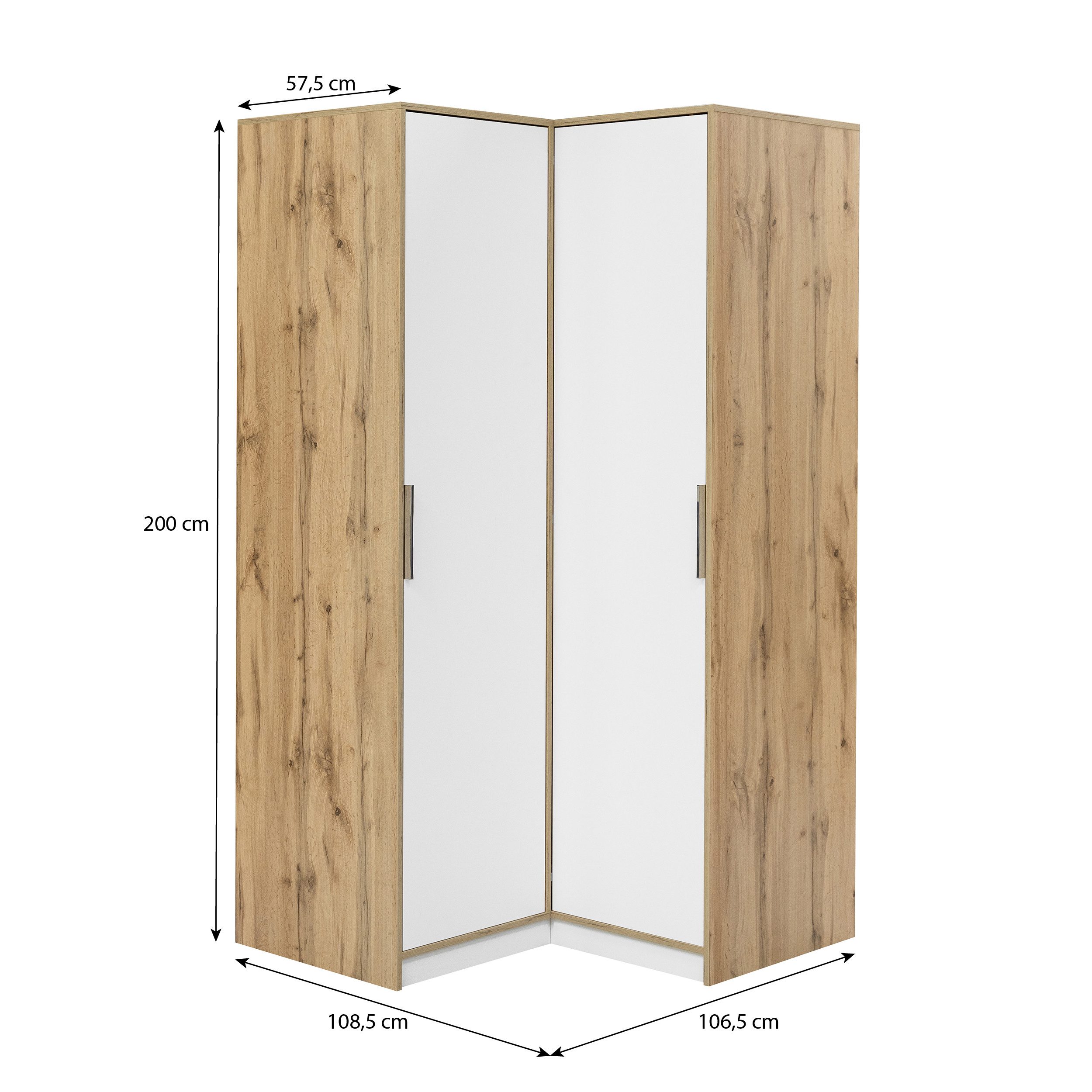 Beautysofa Eckschrank LIVO mit 2 Drehtüren, 2 Kleiderstangen und Regale, (Zur Auswahl in zwei modernen Farbkombinationen) Breite: 108 cm