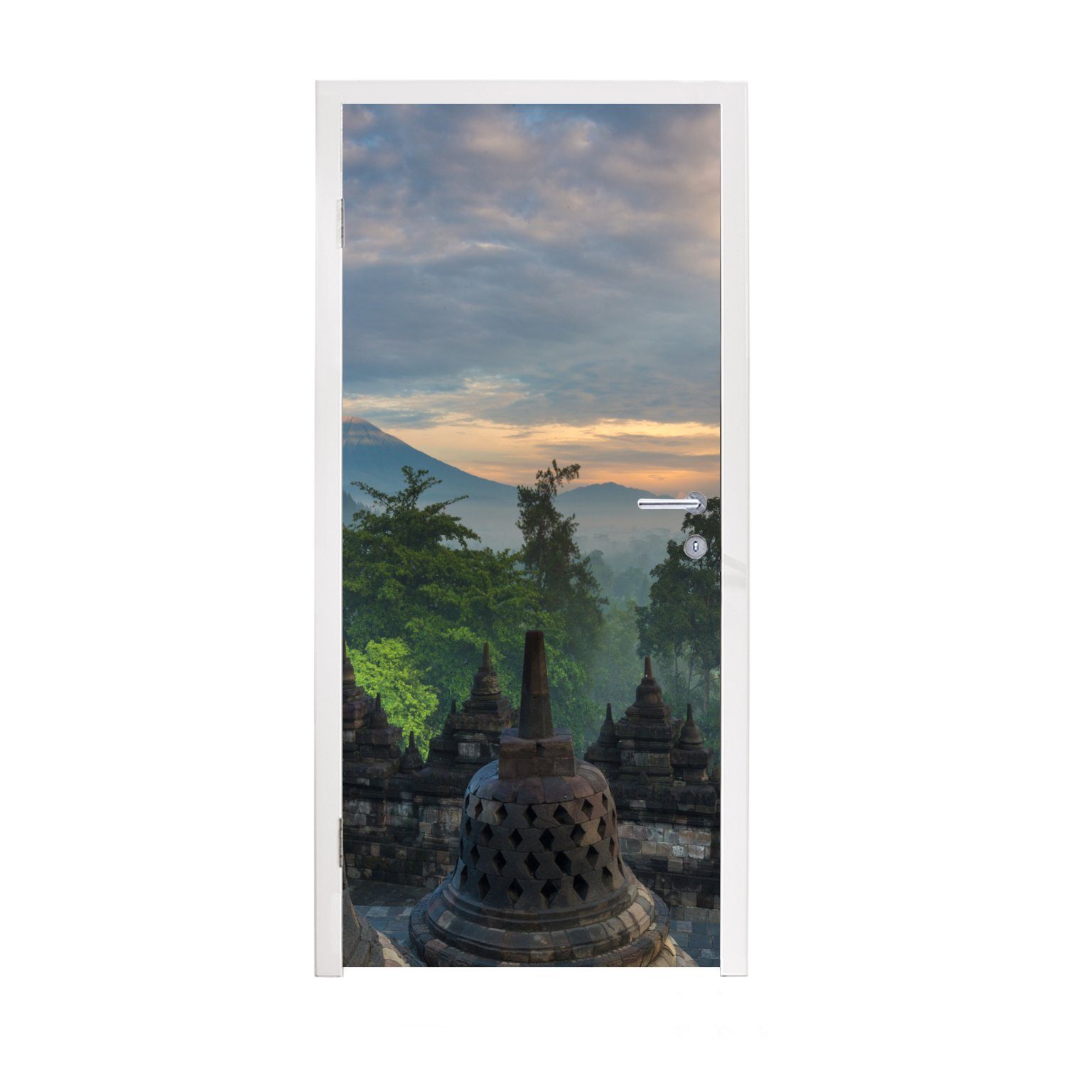 MuchoWow Türtapete Sonnenaufgang am Borobudur-Tempel in Indonesien, Matt, bedruckt, (1 St), Fototapete für Tür, Türaufkleber, 75x205 cm