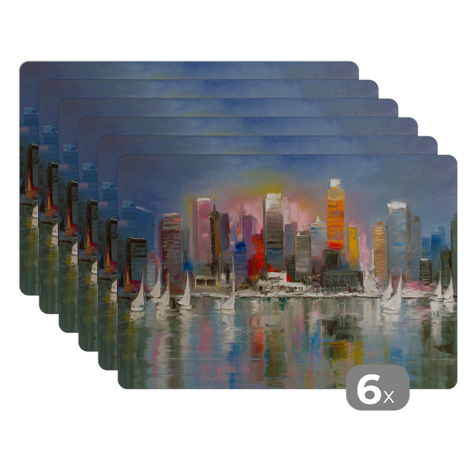 Platzset, Gemälde - Öl - Skyline - Wasser, MuchoWow, (6-St), Platzset, Platzdecken, Platzmatte, Tischmatten, Schmutzabweisend