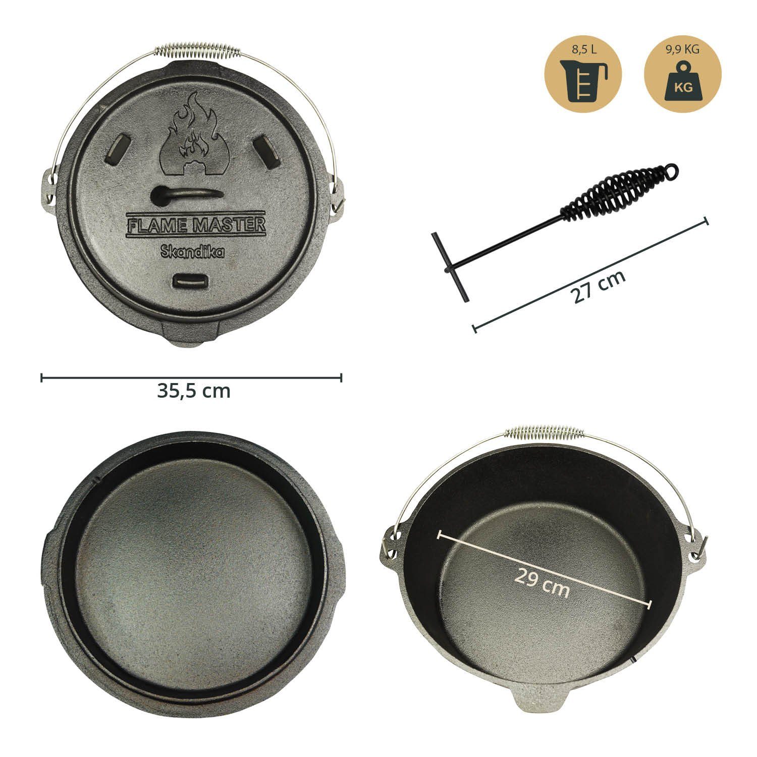 Skandika Grilltopf Dutch Oven Flame Master 8,5 L mit Füße, Feuertopf, Gulaschtopf, (Tragetasche, Deckelheber, auch Pfanne, bereits eingebrannt), Gusseisen Topf zum Kochen, inkl. Rezeptbuch der Sauerländer BBCrew