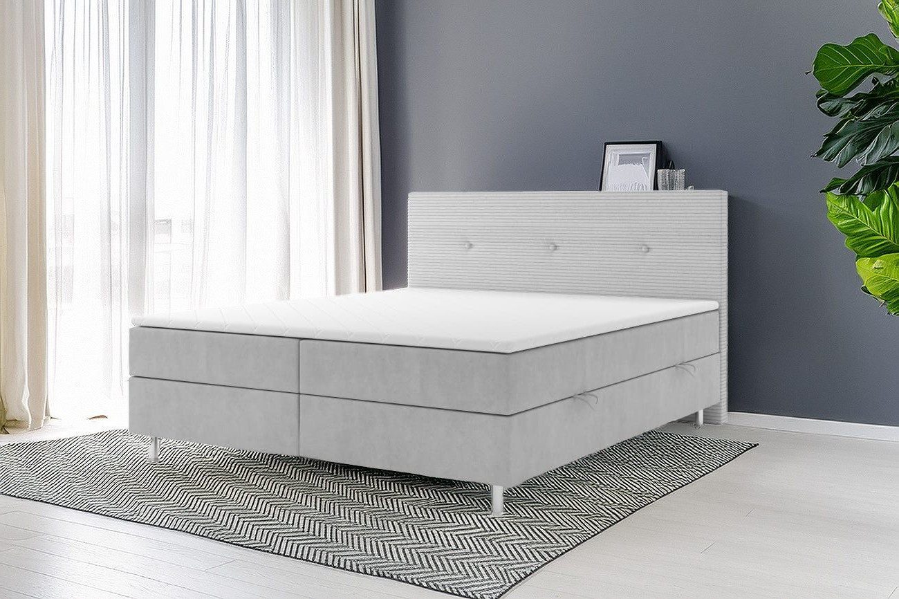 inter Boxspringbett Salvador Samtstoff mit Bonellfederkernmatratzen und Bettkasten (180x200 cm, Grau mit Bonellfederkernmatratzen und Bettkasten), Bonellfederkern-Komfort, gepolstertes Kopfteil, inklusive Matratzen