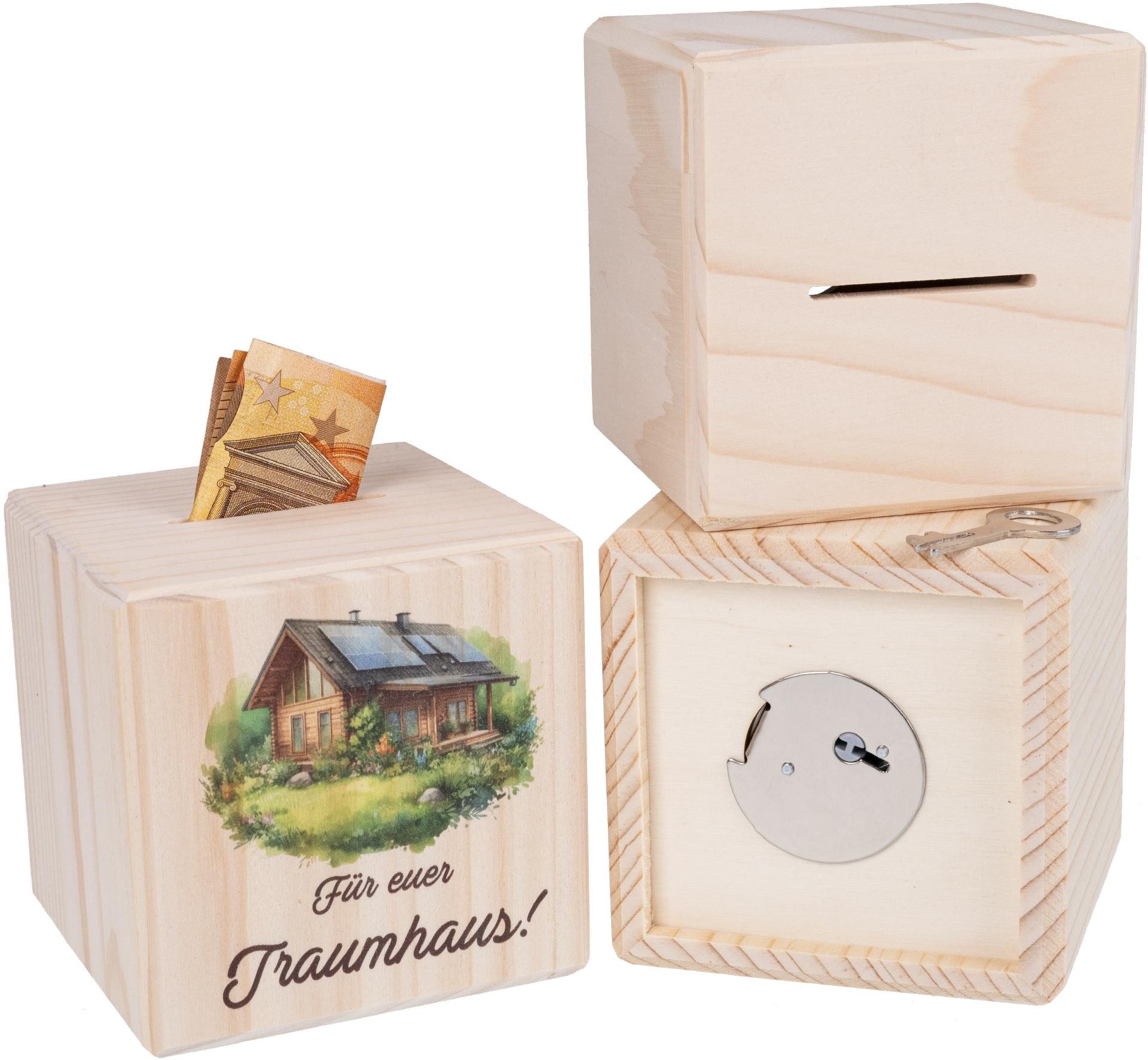 Holz Frank Spardose Holz Spardose Würfel mit Metallschloss - Für euer Traumhaus!, (3-tlg)