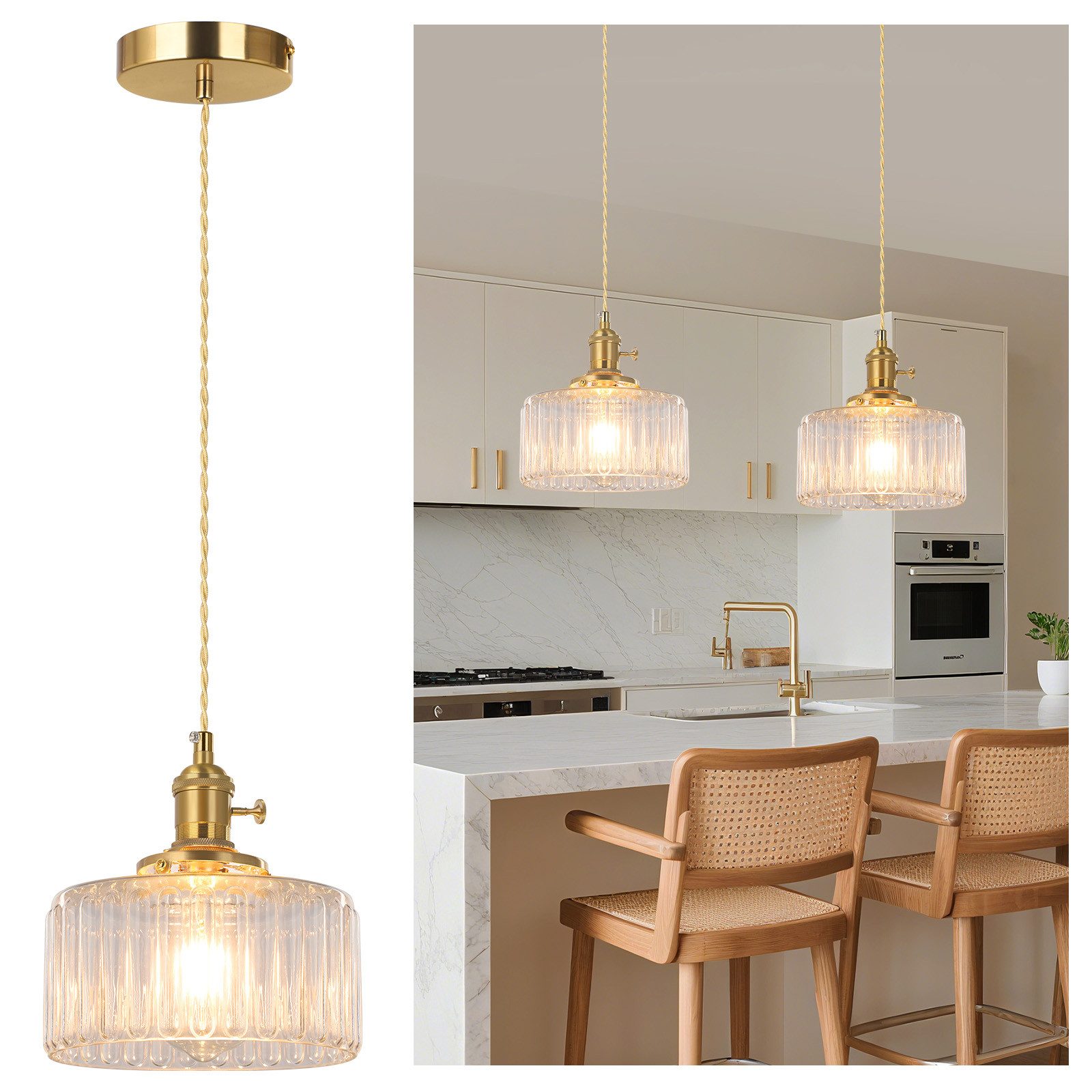 Sunicol Pendelleuchte LED Glas Hängelampe höhenverstellbar, Vintage, Warmweiße, LED wechselbar, Hängeleuchte mit E27 Fassung und Glühbirne für Esstisch