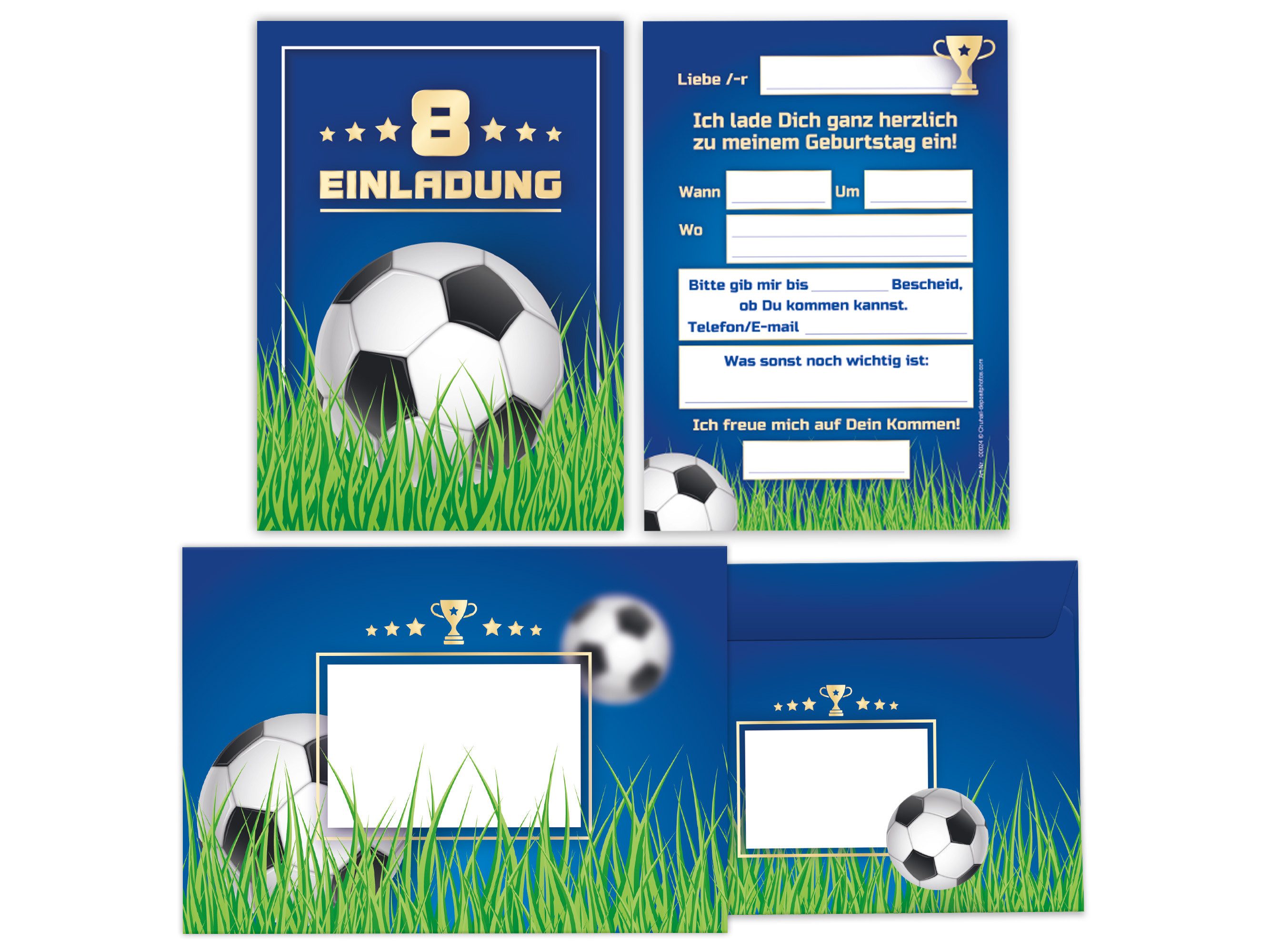 LIMONIA Einladungskarten Fußball zum 8. Kindergeburtstag Einladungen + Umschläge Karte Fussball, Karten mit Umschlägen zum achten Geburtstag soccer Kicken