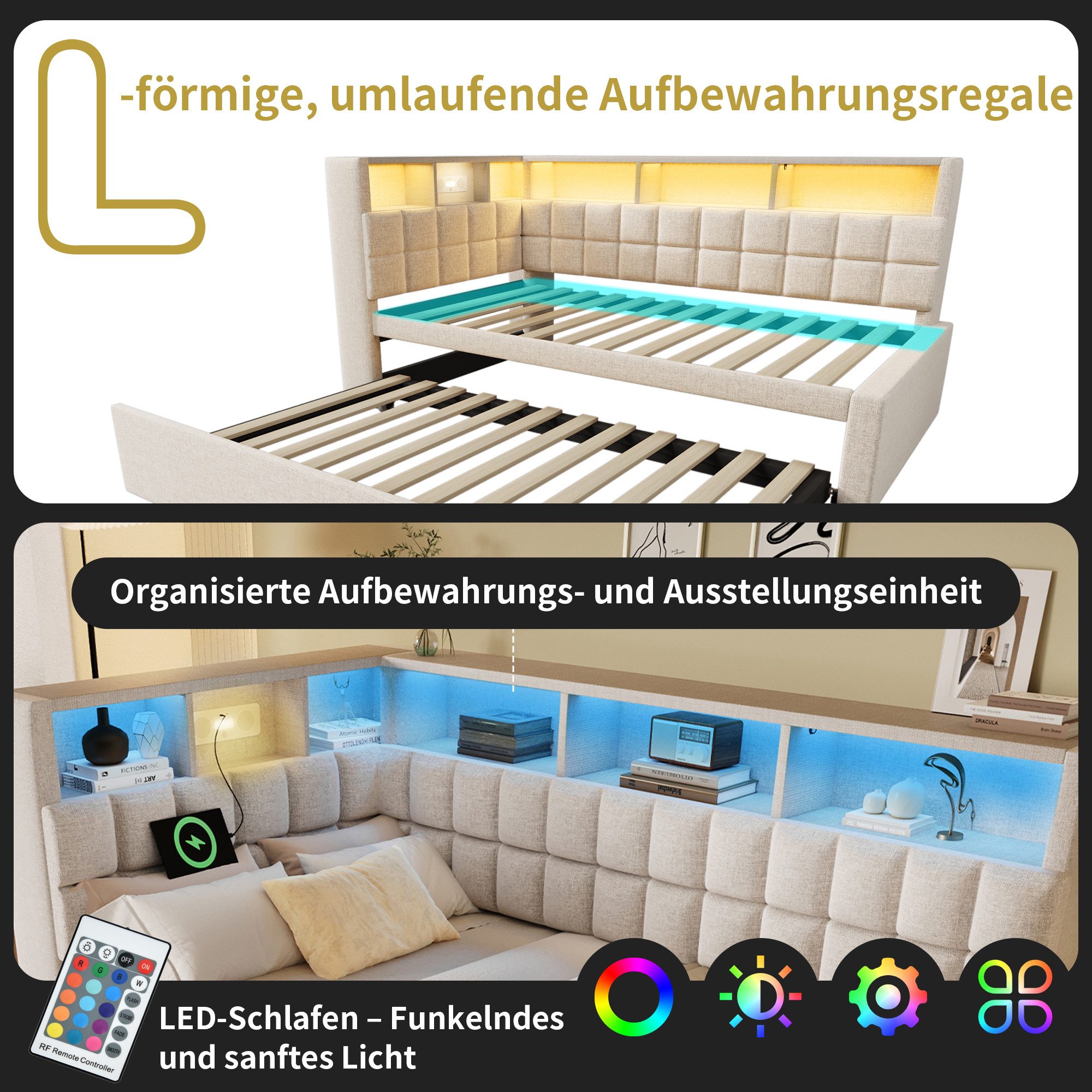 OKWISH Polsterbett Bett 90x200 cm mit Ausziehbett, LED und Ladeanschlüssen, Beige (Funktionsbett, 1-tlg., L-Kopfteil mit Stauraumregal, Schlafsofa/Gästebett), mit LED-Beleuchtung & USB/Type-C Ladestation