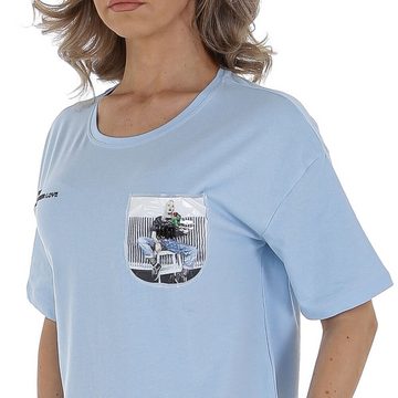 Ital-Design T-Shirt Damen Freizeit Perlen Print Stretch T-Shirt in Hellblau