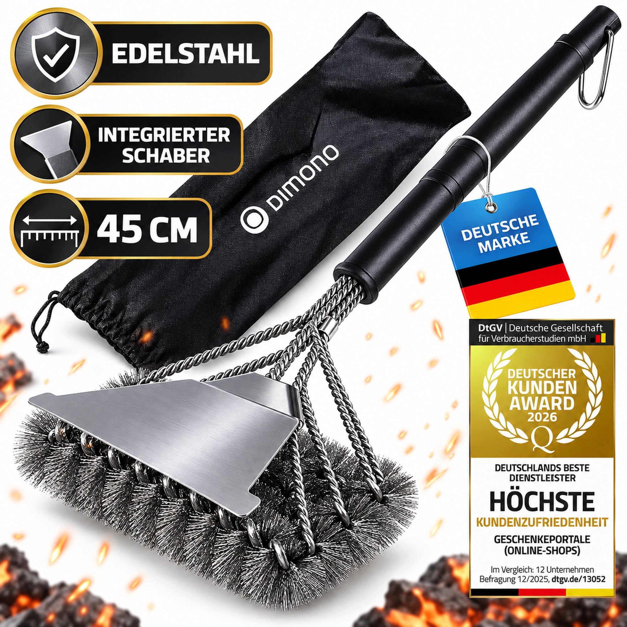 Dimono Grillbürste 360° Grillbürste aus Edelstahl – Hochwertiges BBQ Reinigungswerkzeug, Bürste, Profi, BBQ, (aus Edelstahl), mit Tasche
